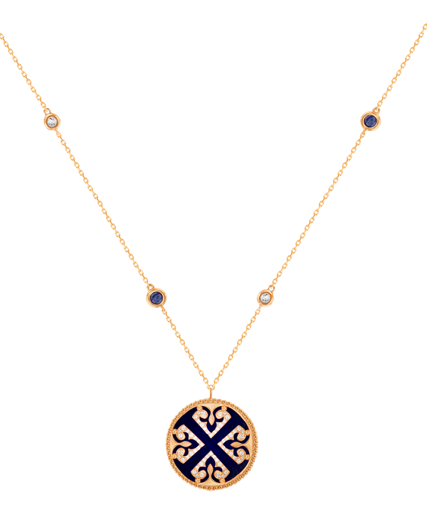 Lace Single Medallion Necklace In 18k Rose Gold With Lapiz Lazuli Blue Sapphire And Diamonds