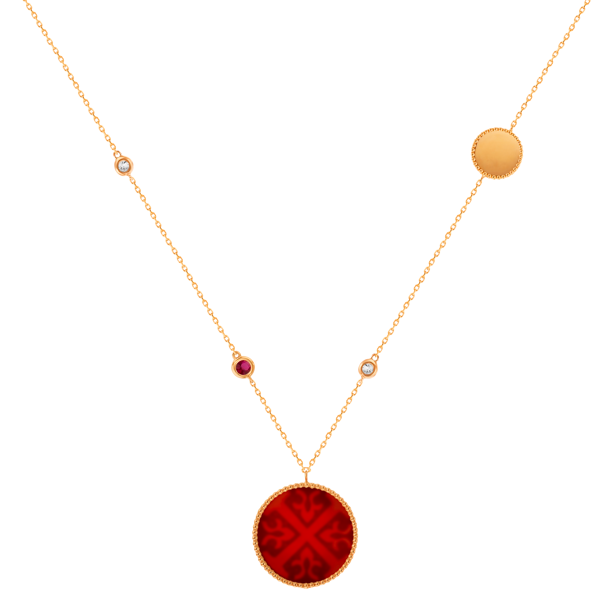 Lace Double Medallion Necklace In 18K Rose Gold With Red Carnelian, Ruby And Diamonds