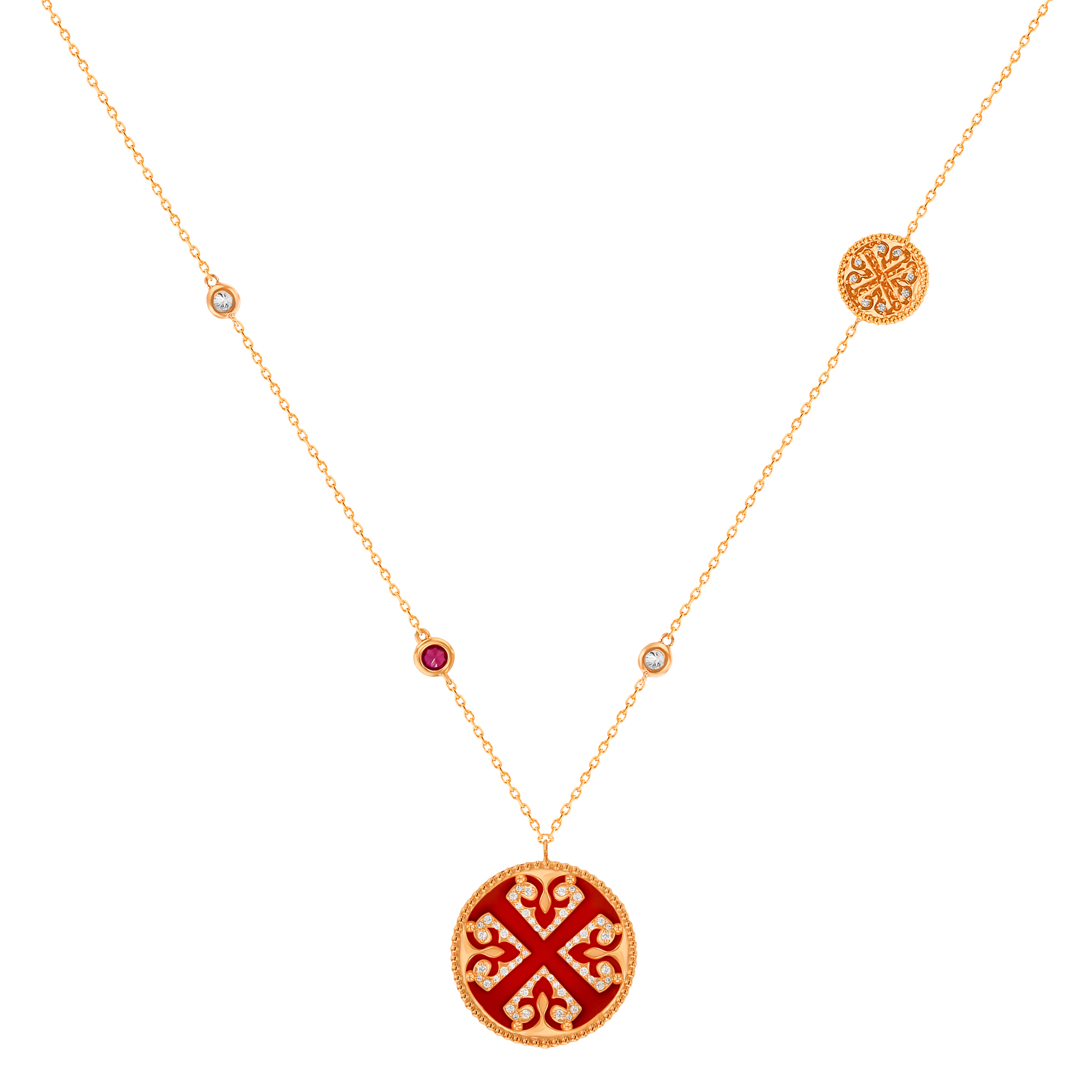 Lace Double Medallion Necklace In 18K Rose Gold With Red Carnelian, Ruby And Diamonds