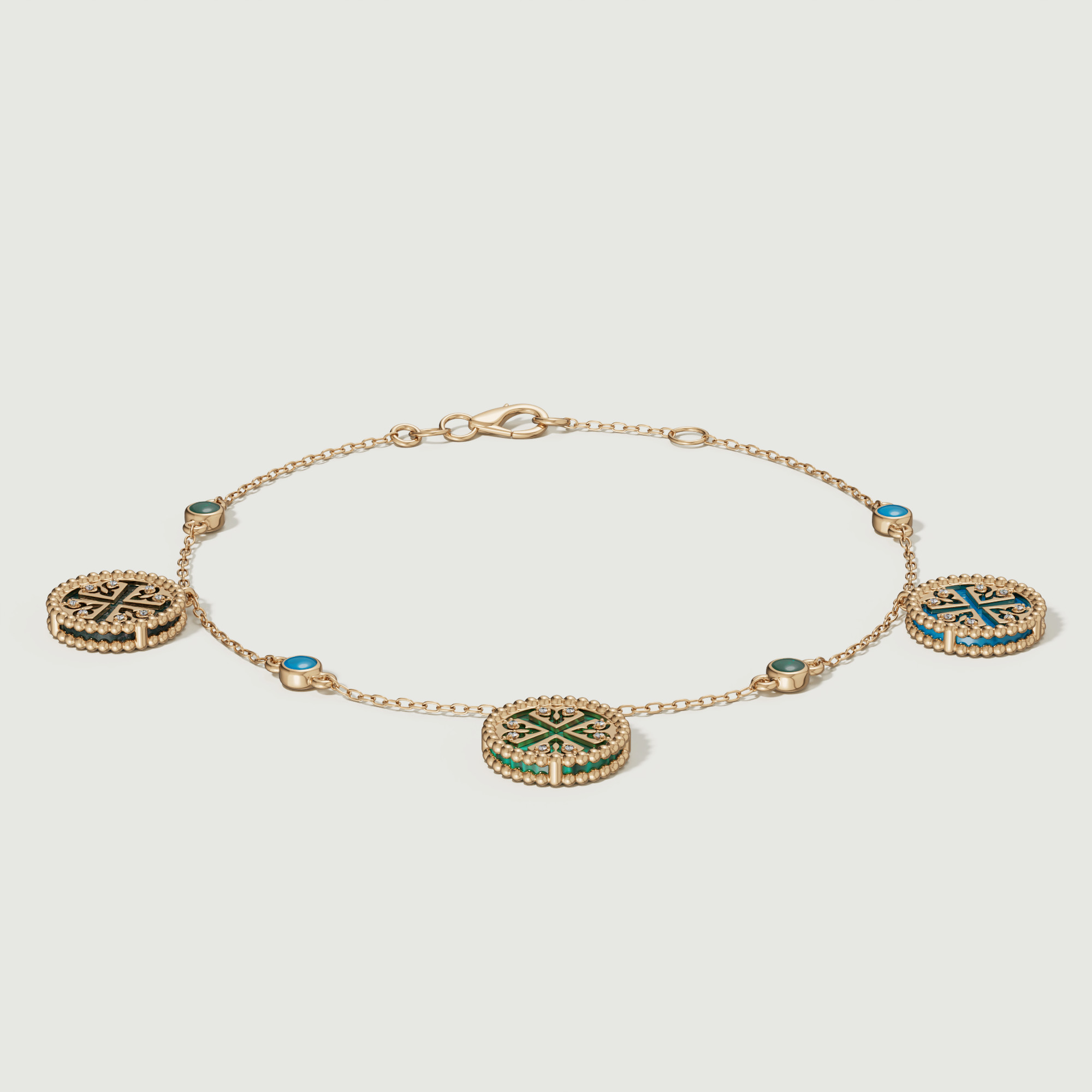 Lace Petite Yellow Gold Diamond Bracelet With Condensed Turquoise Lapis Lazuli And Malachite