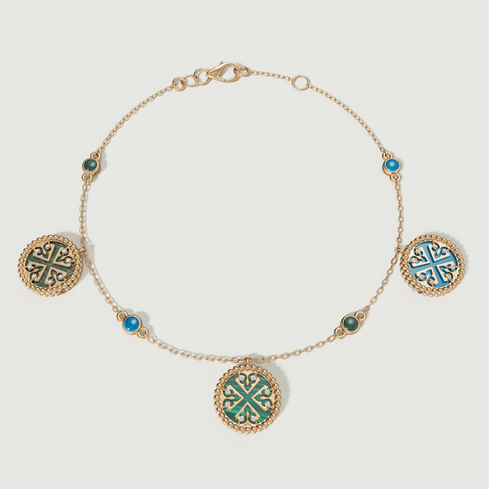 Lace Petite Yellow Gold Diamond Bracelet With Condensed Turquoise Lapis Lazuli And Malachite