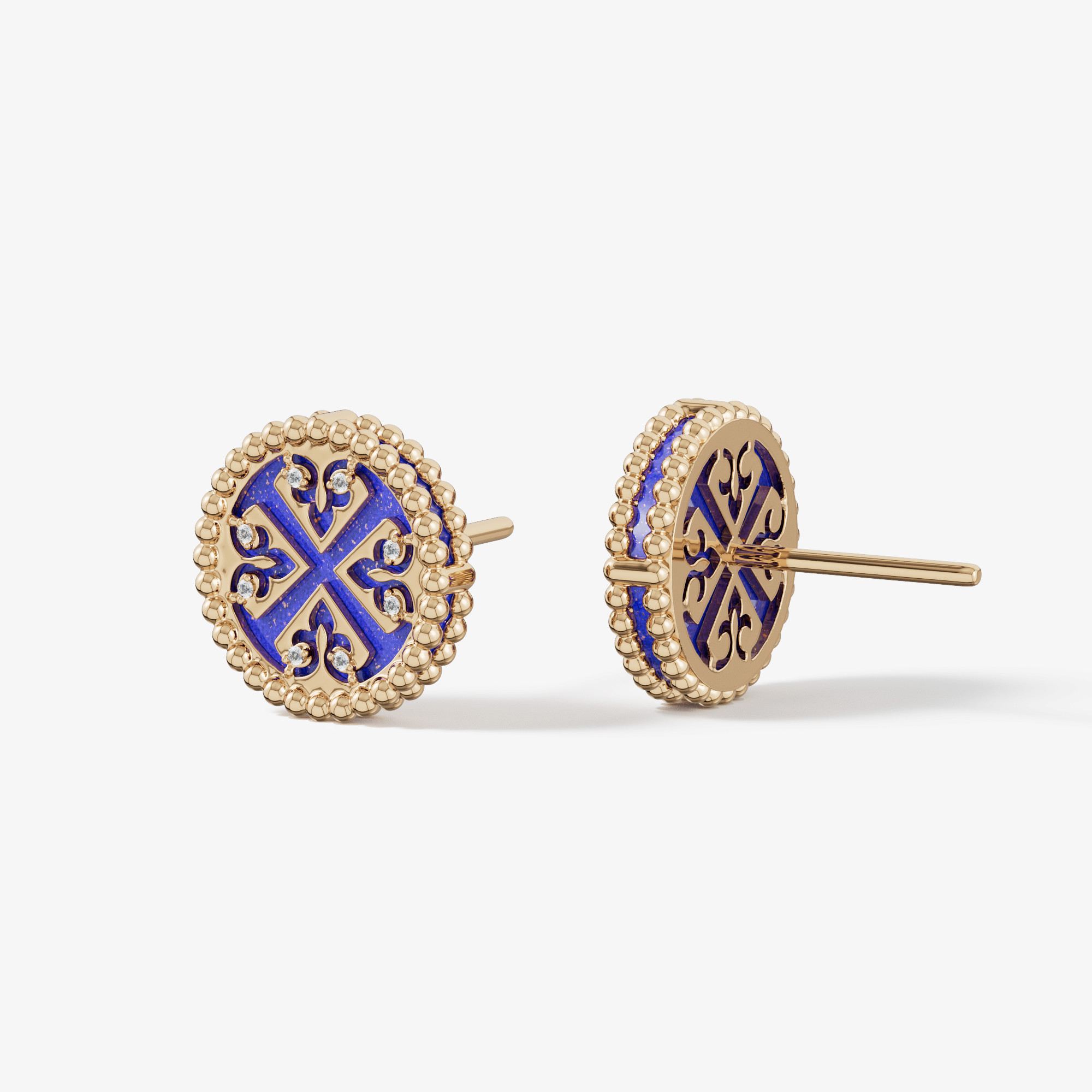 Lace Petite Yellow Gold Diamond Earrings With Lapis Lazuli