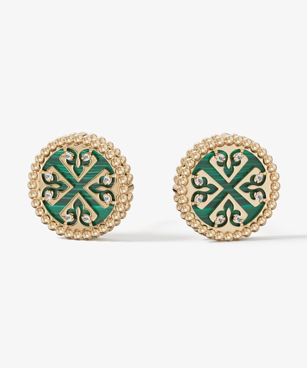 Lace Petite Yellow Gold Diamond Earrings With Malachite