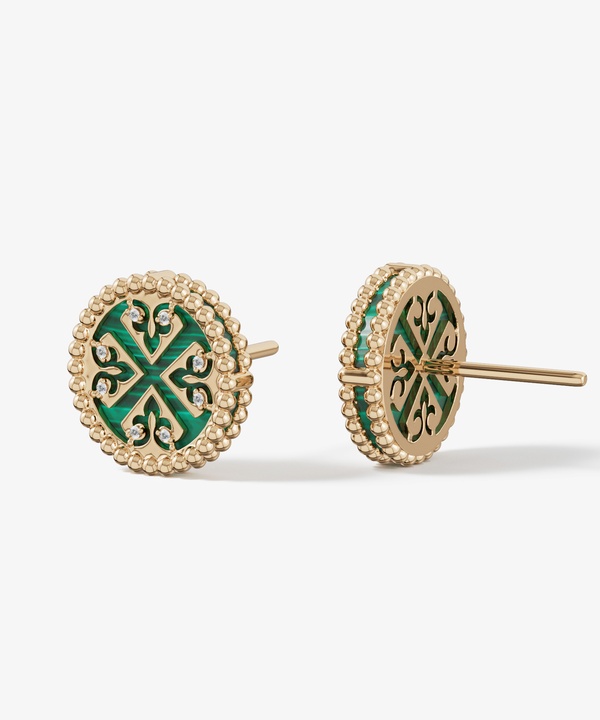 Lace Petite Yellow Gold Diamond Earrings With Malachite