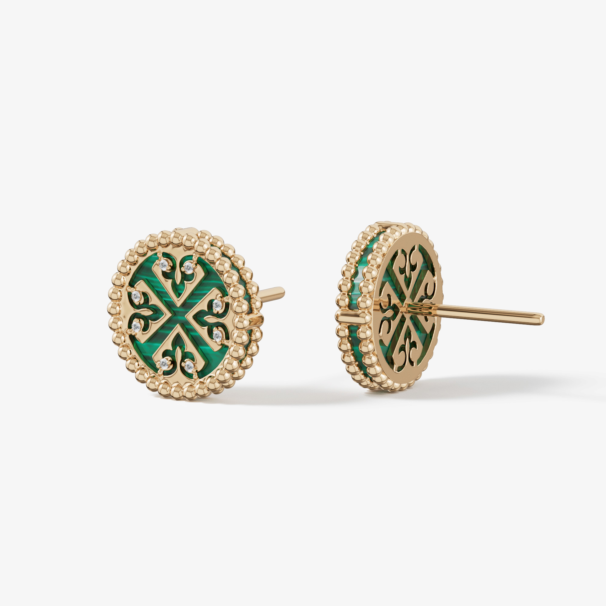 Lace Petite Yellow Gold Diamond Earrings With Malachite