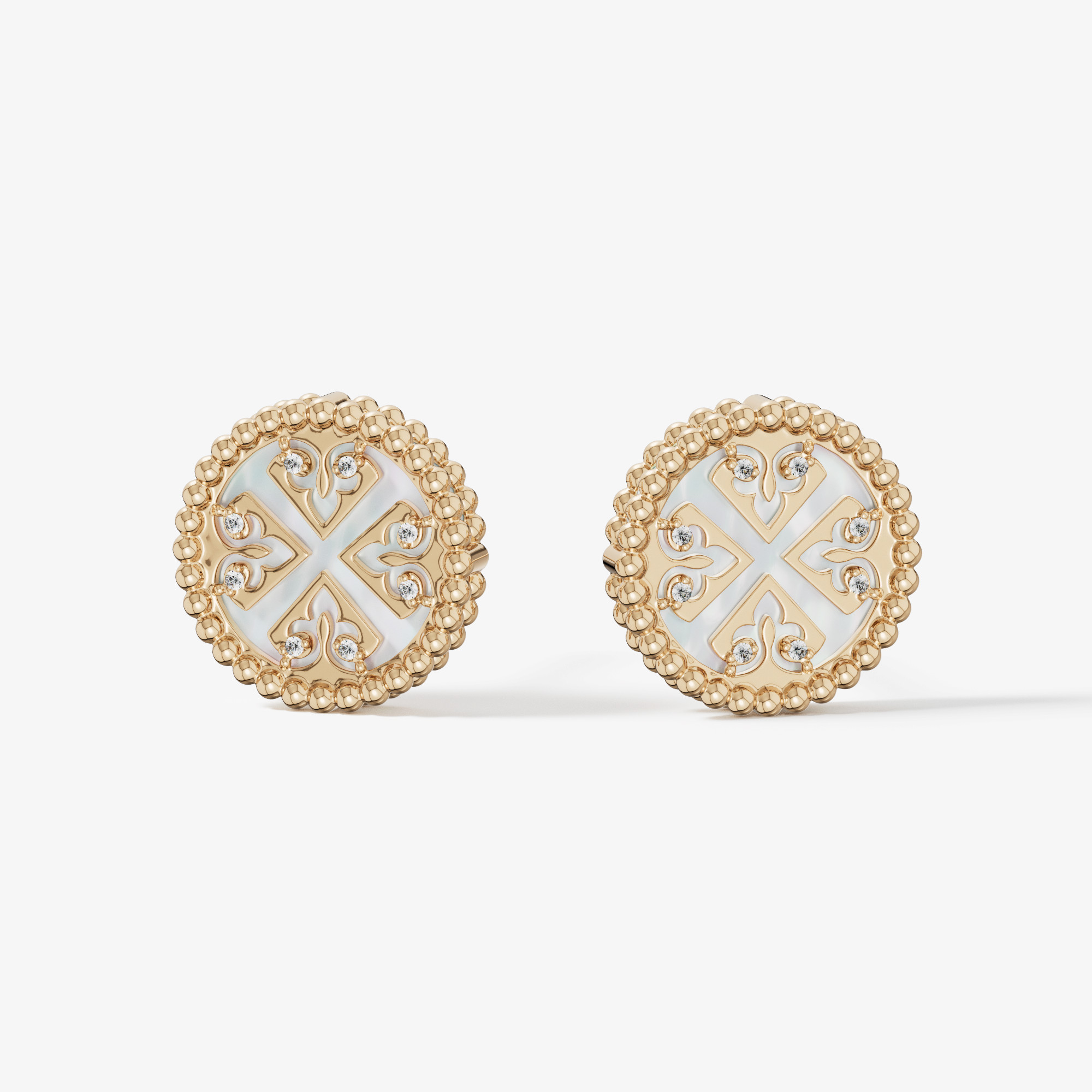Lace Petite Yellow Gold Diamond Earrings With Mother Of Pearl