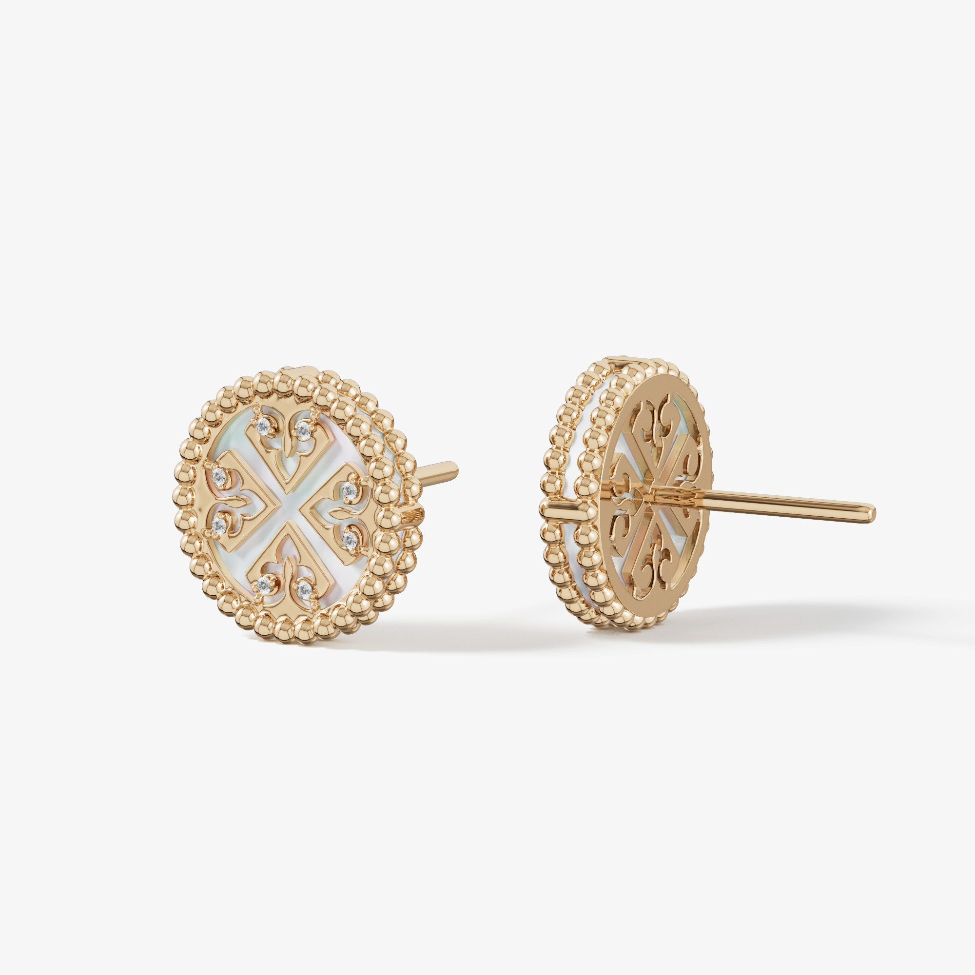 Lace Petite Yellow Gold Diamond Earrings With Mother Of Pearl