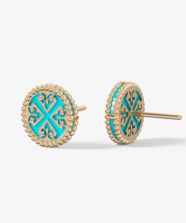Lace Petite Yellow Gold Diamond Earrings With Condensed Turquoise