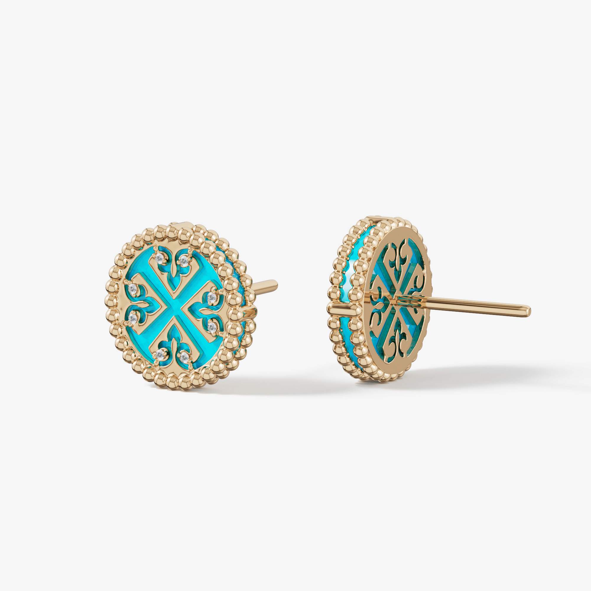 Lace Petite Yellow Gold Diamond Earrings With Condensed Turquoise
