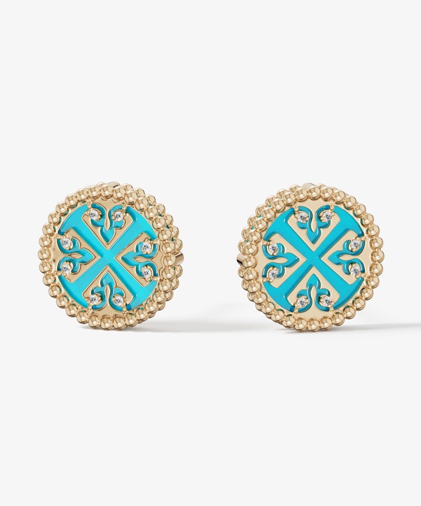 Lace Petite Yellow Gold Diamond Earrings With Condensed Turquoise