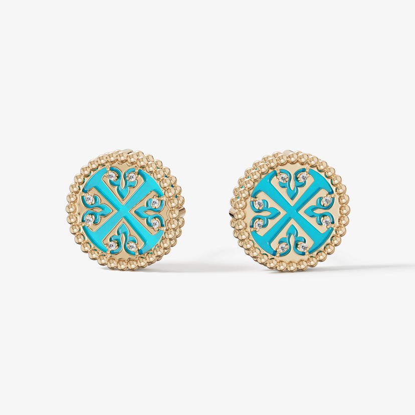 Lace Petite Yellow Gold Diamond Earrings With Condensed Turquoise