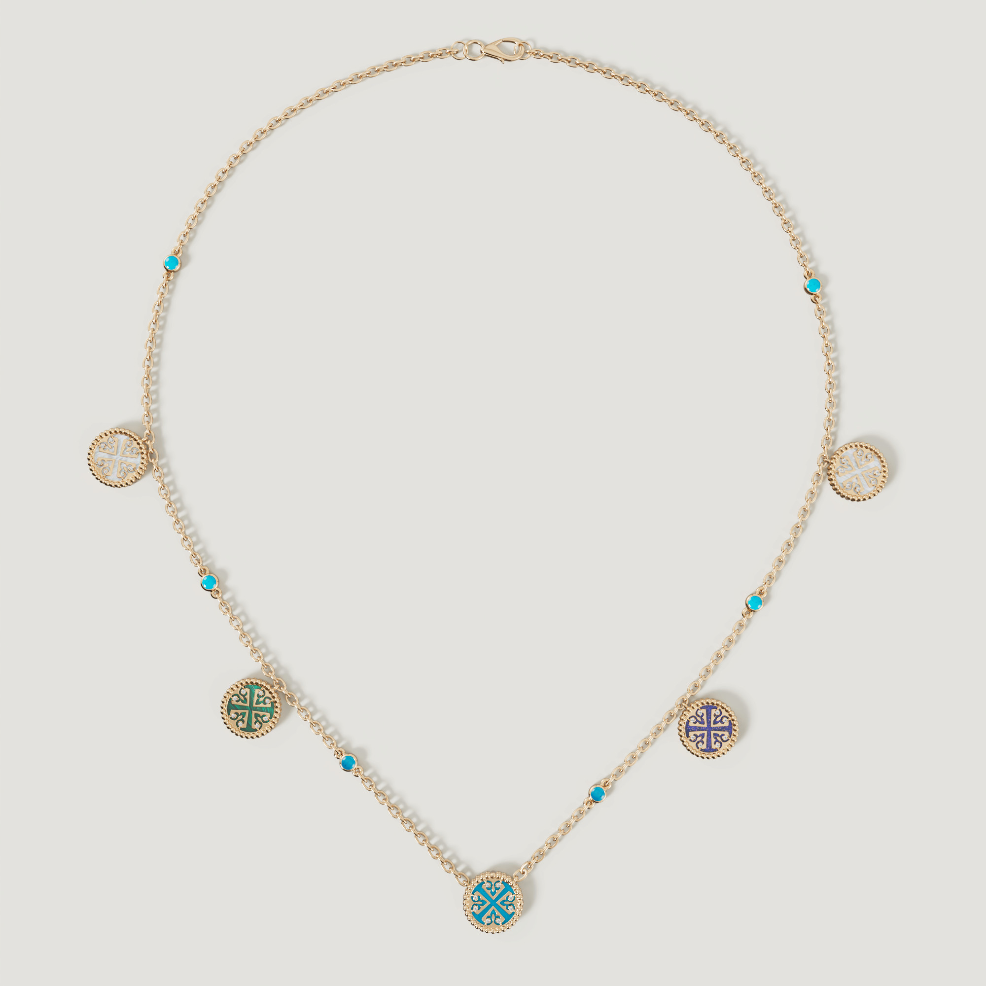 Lace Petite Yellow Gold Diamond Necklace With Condensed Turquoise Lapis Lazuli Malachite And Mother Of Pearl