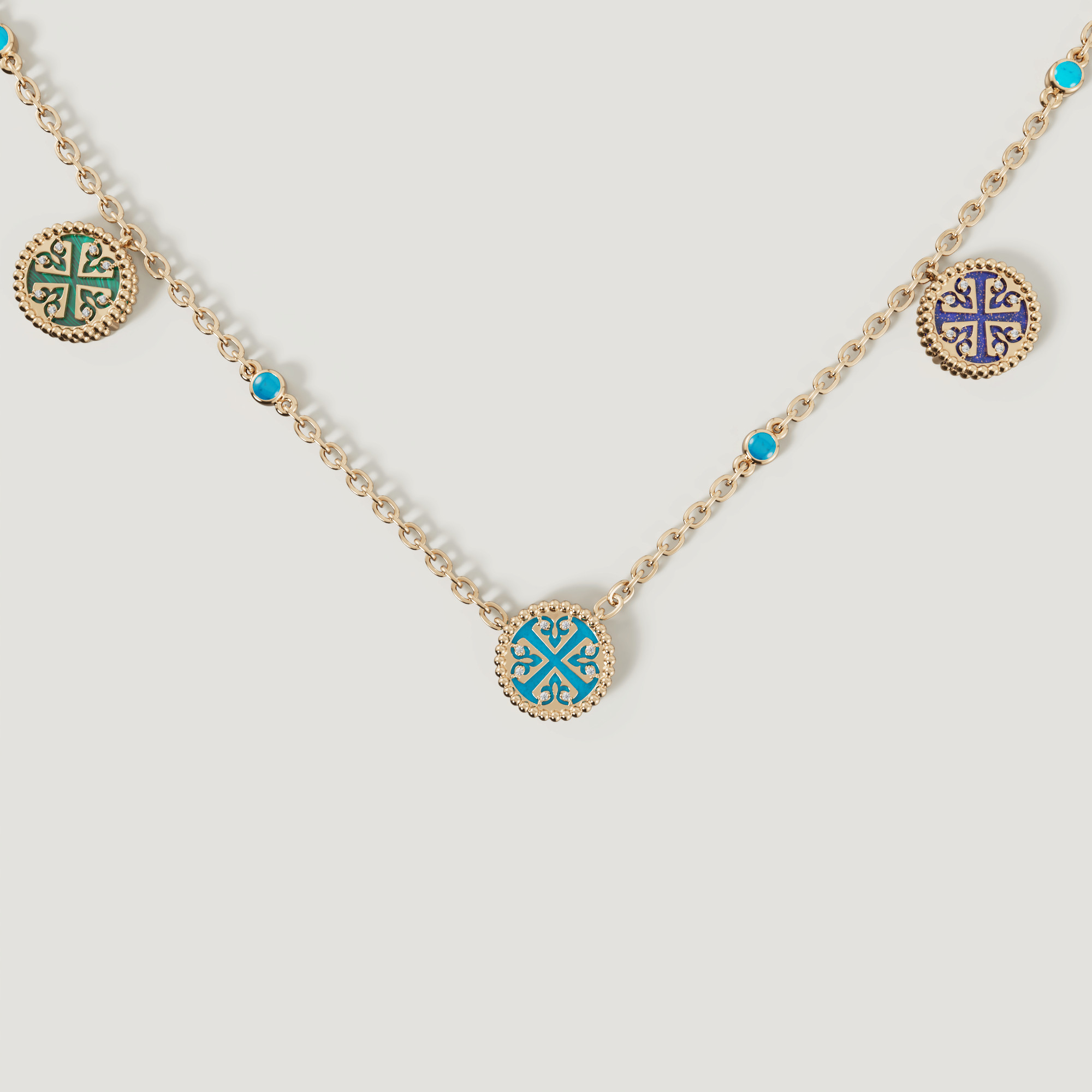 Lace Petite Yellow Gold Diamond Necklace With Condensed Turquoise Lapis Lazuli Malachite And Mother Of Pearl