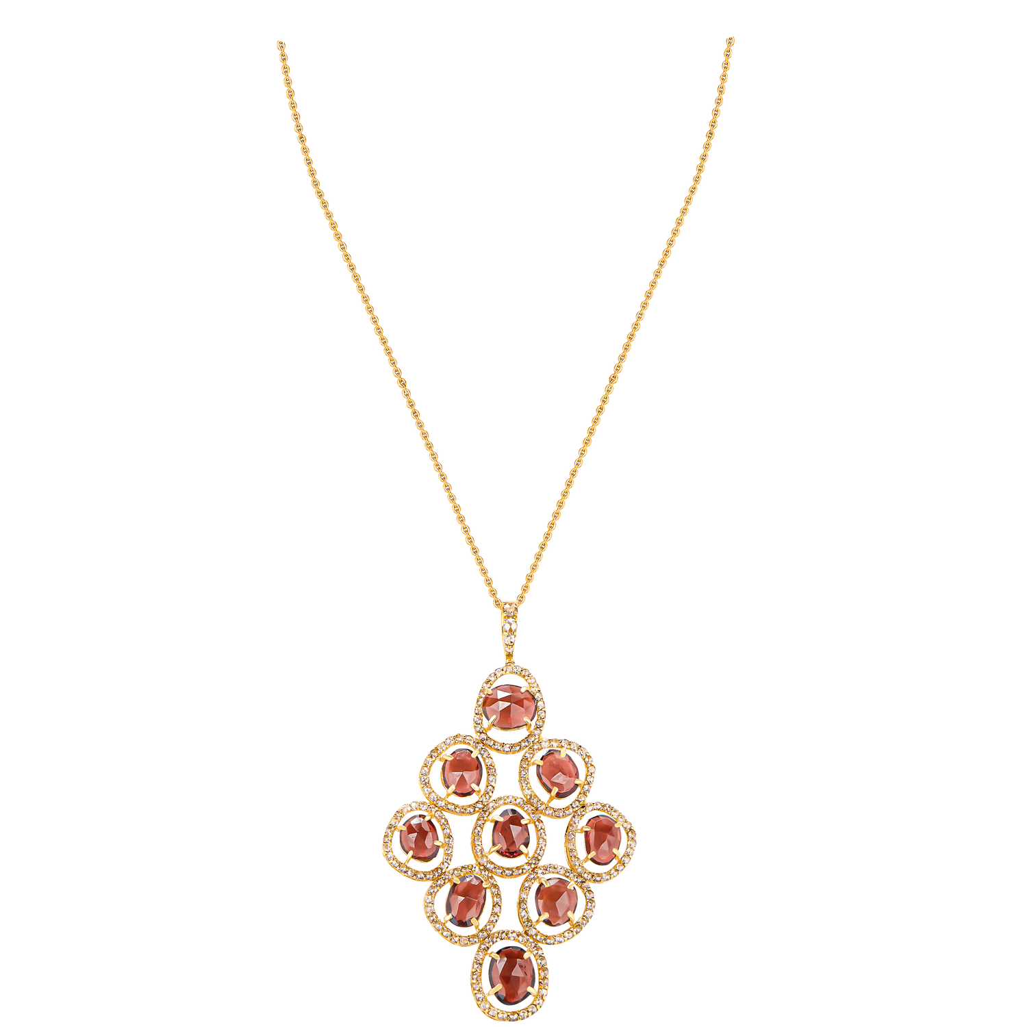 Legacy 22k Yellow Gold Diamond & Garnet Pendant Chain And Earrings