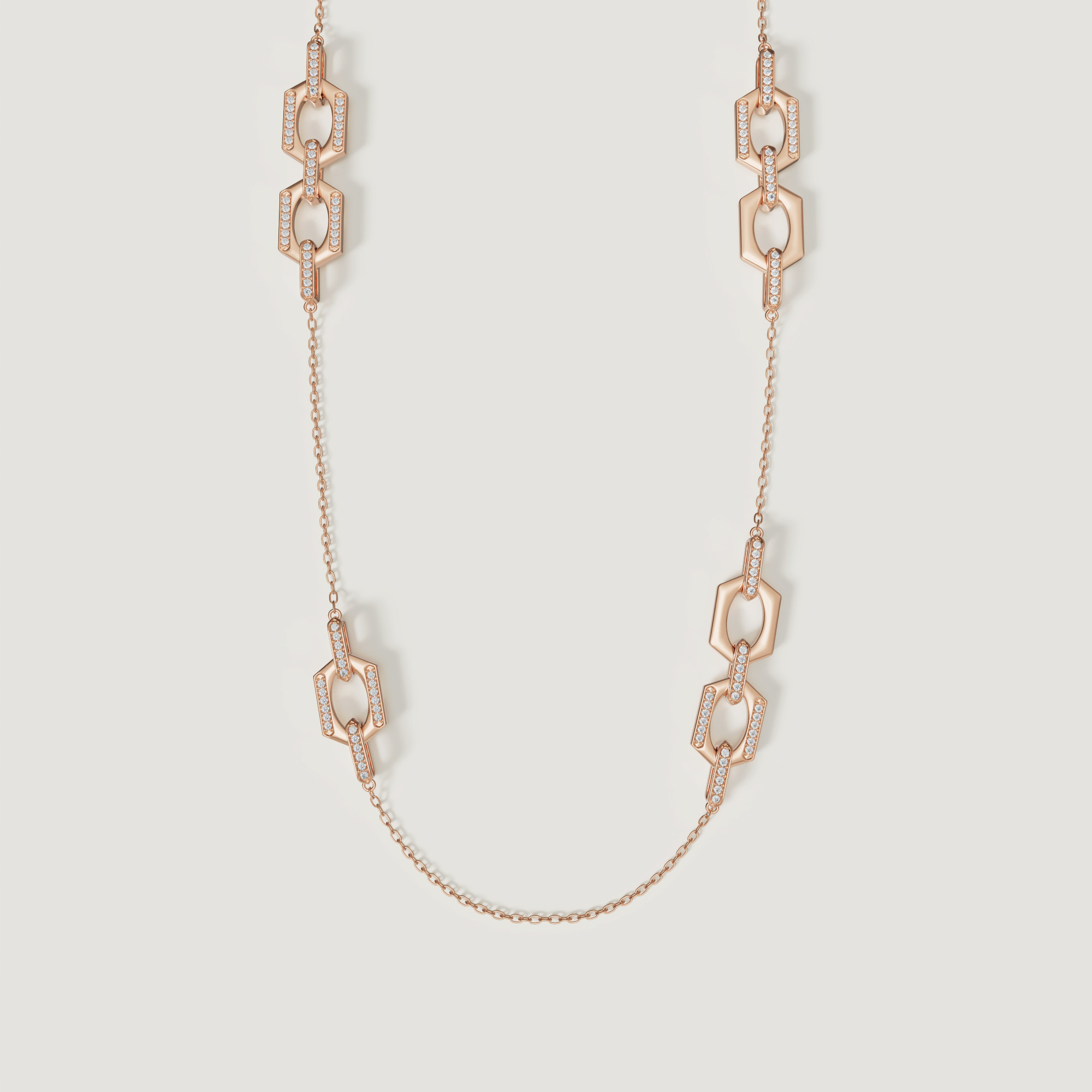 Links Long Necklace With Singular & Double Motifs In 18k Rose Gold With Diamonds