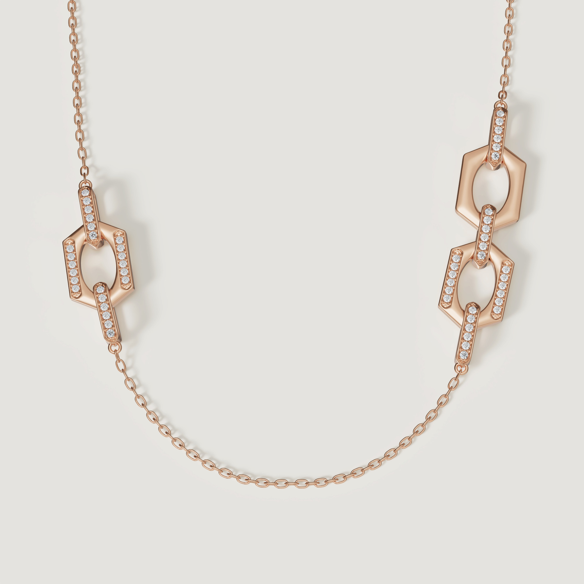 Links Long Necklace With Singular & Double Motifs In 18k Rose Gold With Diamonds