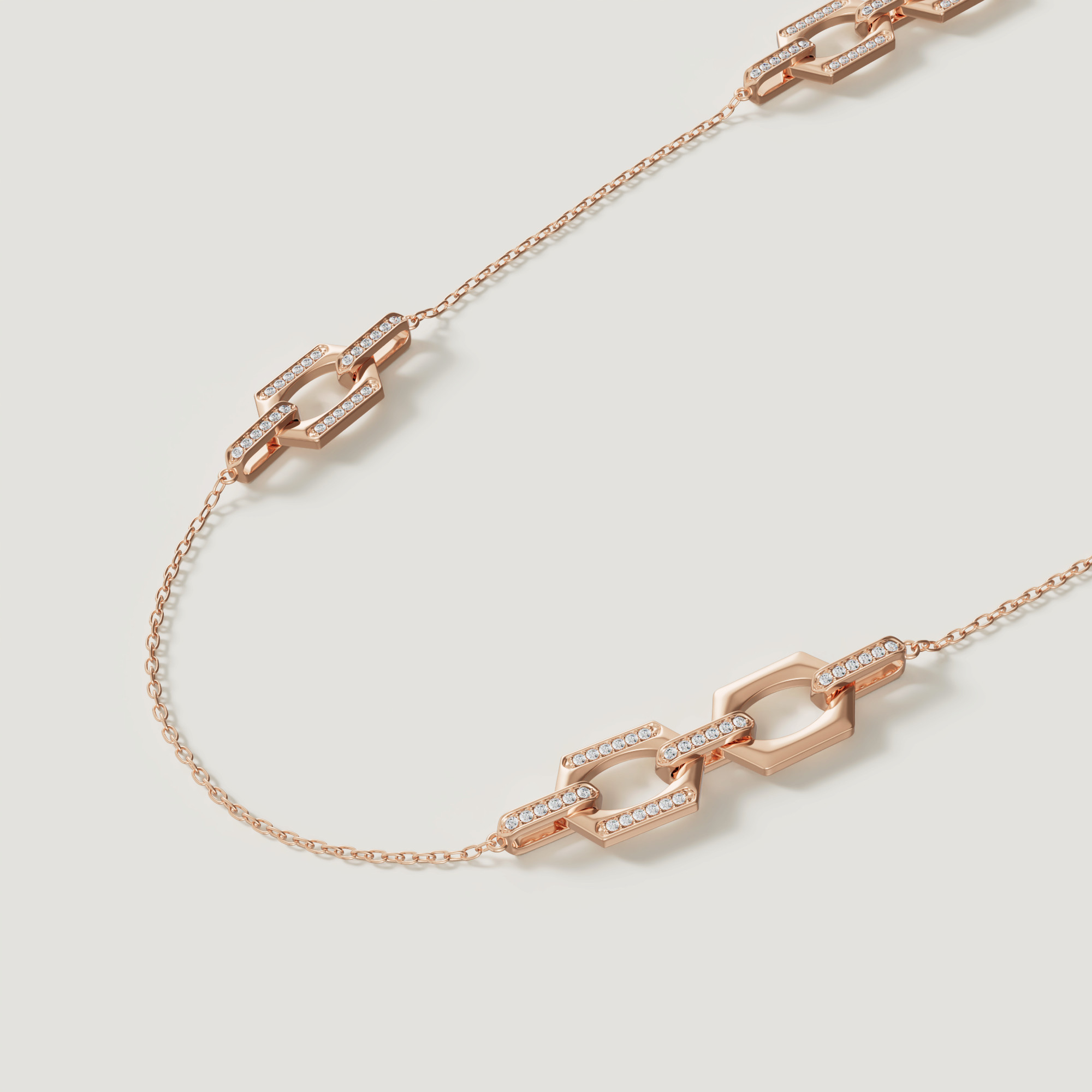 Links Long Necklace With Singular & Double Motifs In 18k Rose Gold With Diamonds
