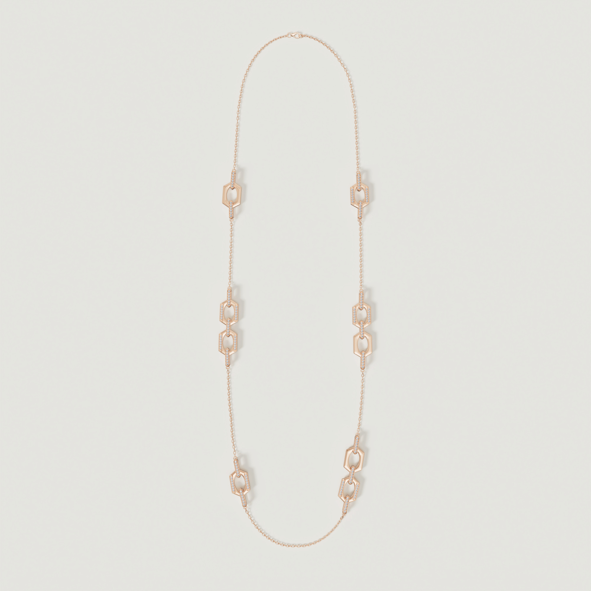 Links Long Necklace With Singular & Double Motifs In 18k Rose Gold With Diamonds
