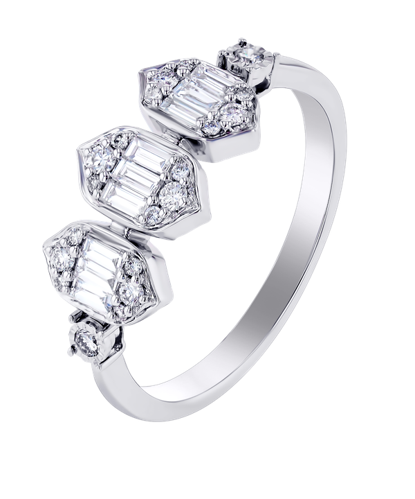 Palace Baguette Trio Motif Diamond Ring 18k White Gold