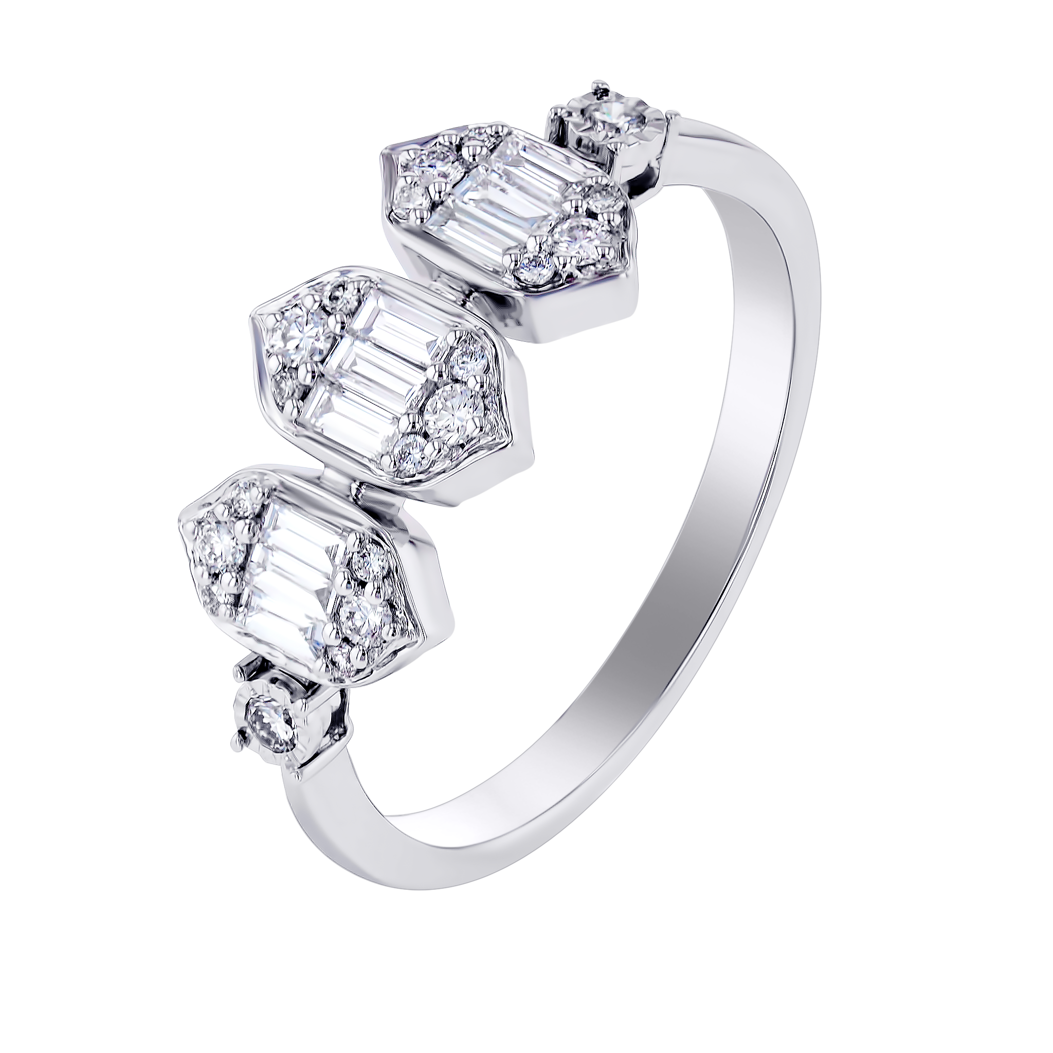 Palace Baguette Trio Motif Diamond Ring 18k White Gold
