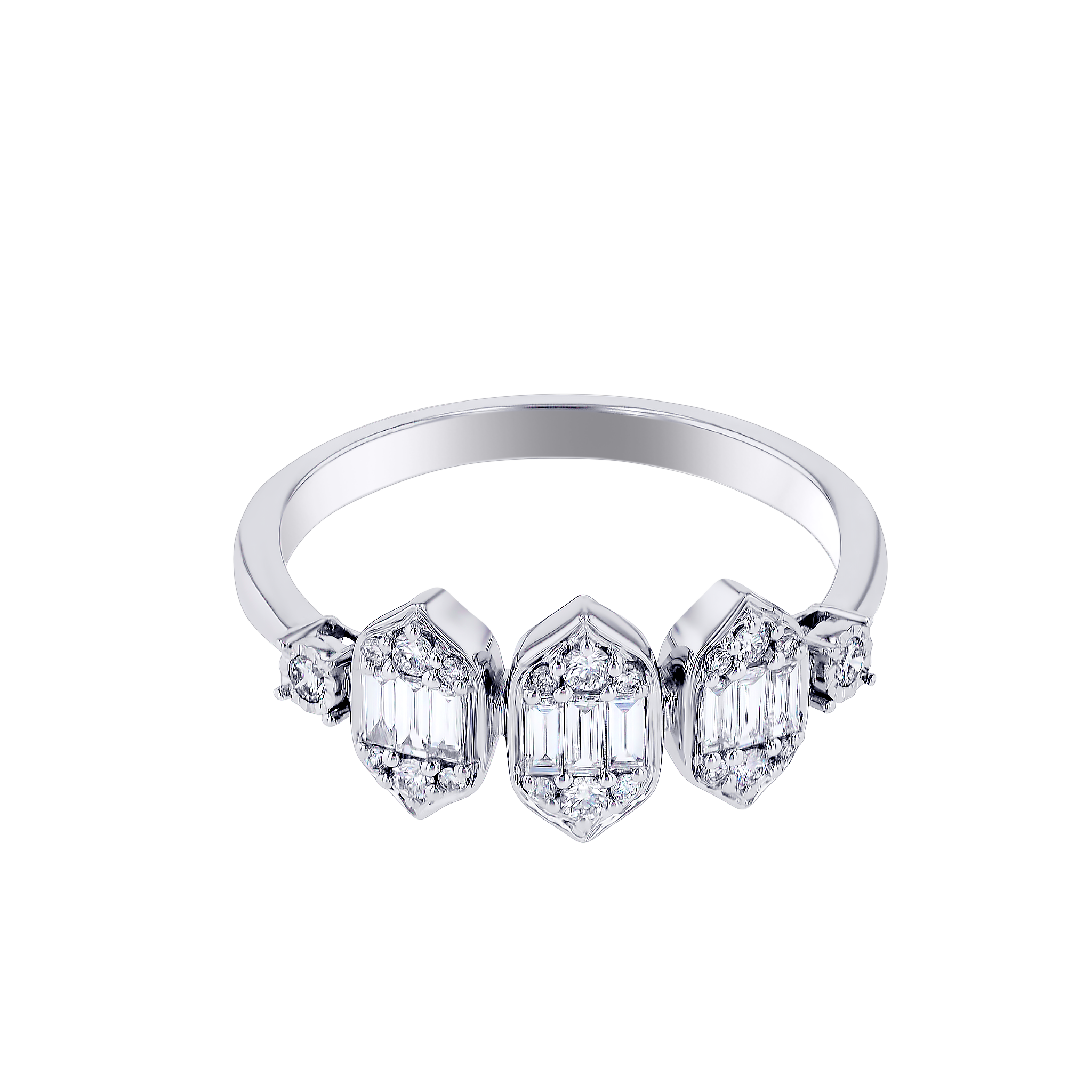 Palace Baguette Trio Motif Diamond Ring 18k White Gold