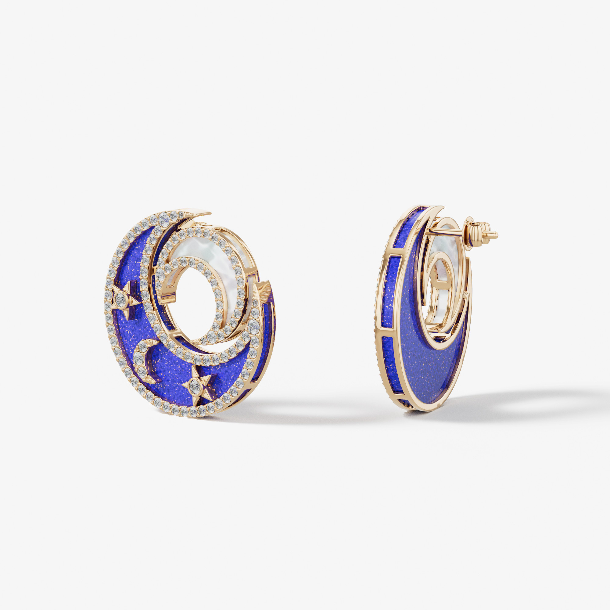 Qamar Layali 18K Yellow Gold Diamond, Lapis Lazuli And Mother Of Pearl Earrings