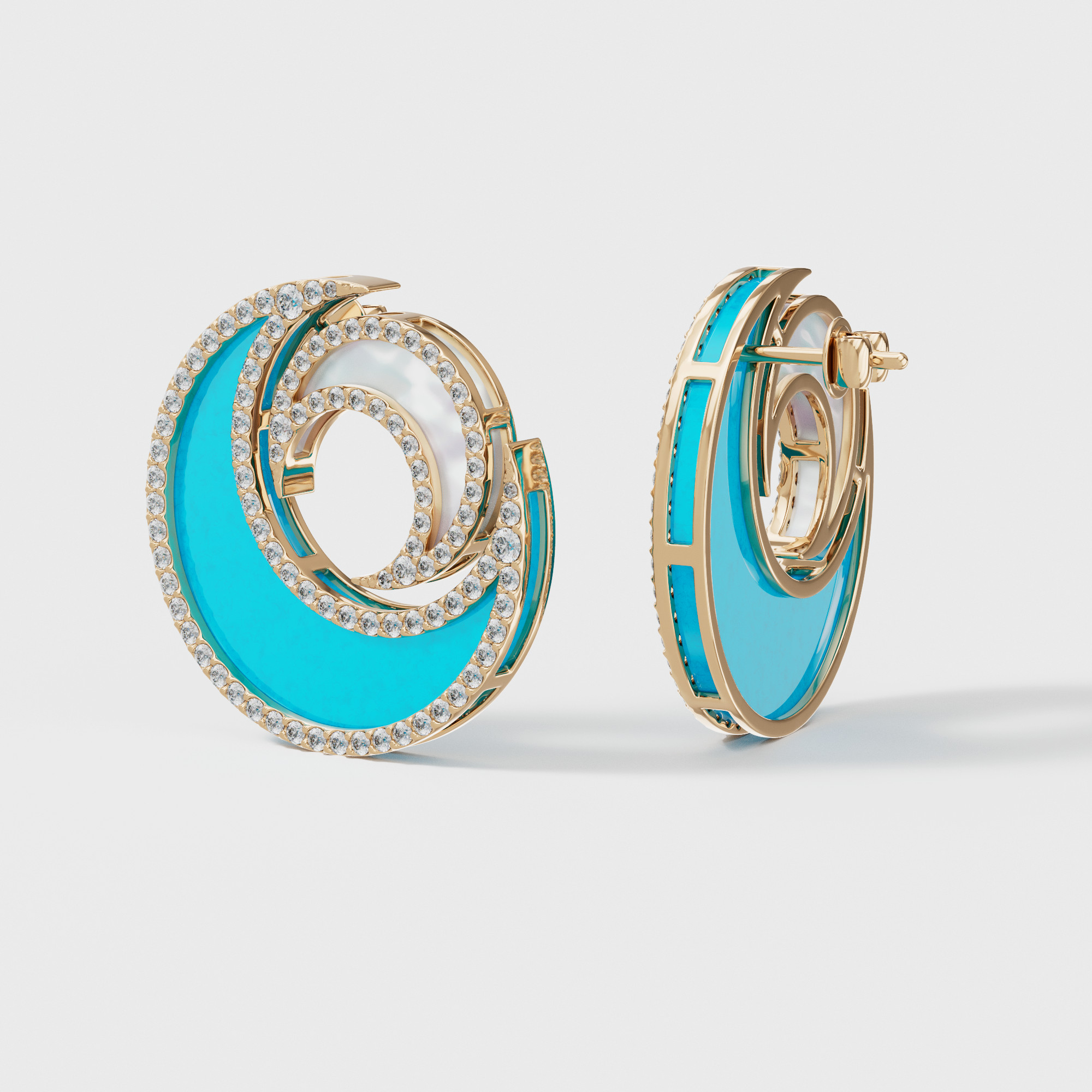 Qamar Layali 18K Yellow Gold Diamond, Turquoise And Mother Of Pearl Earrings