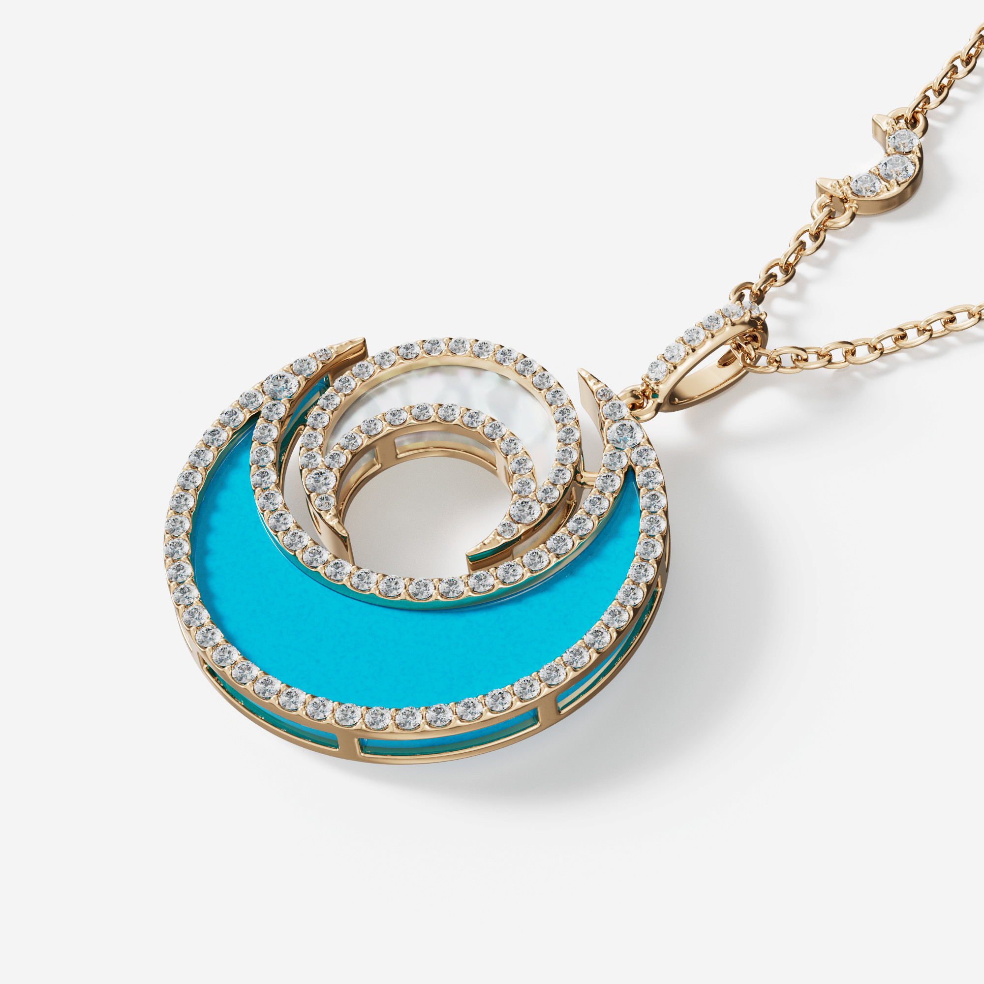 Qamar Layali 18K Yellow Gold Diamond, Turquoise And Mother Of Pearl Necklace