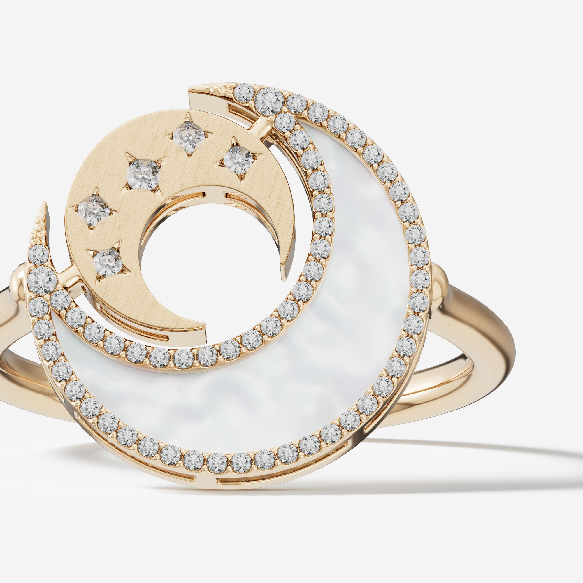 Qamar Layali 18K Yellow Gold Diamond And Mother Of Pearl Ring