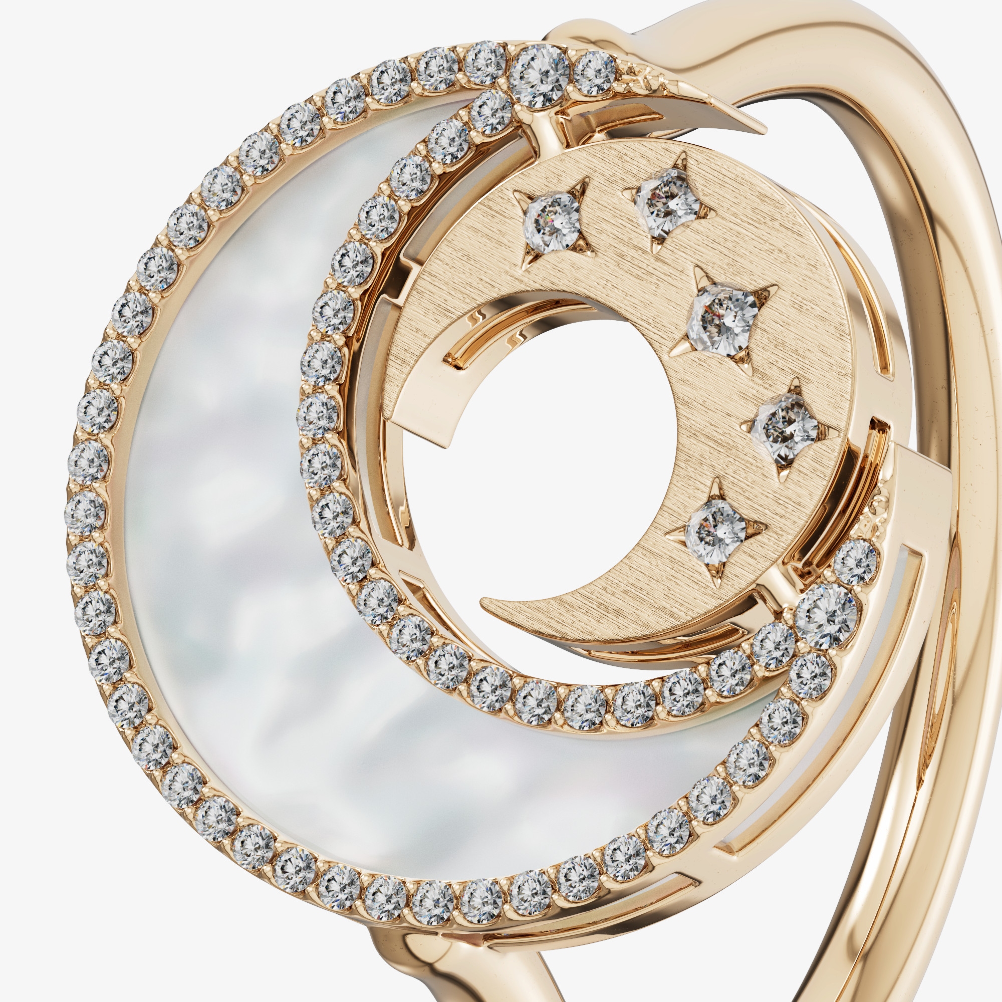 Qamar Layali 18K Yellow Gold Diamond And Mother Of Pearl Ring
