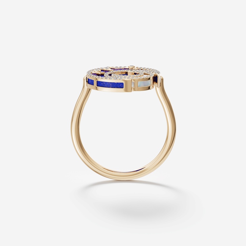 Qamar Layali 18k Yellow Gold Diamond Lapis Lazuli And Mother Of Pearl Ring