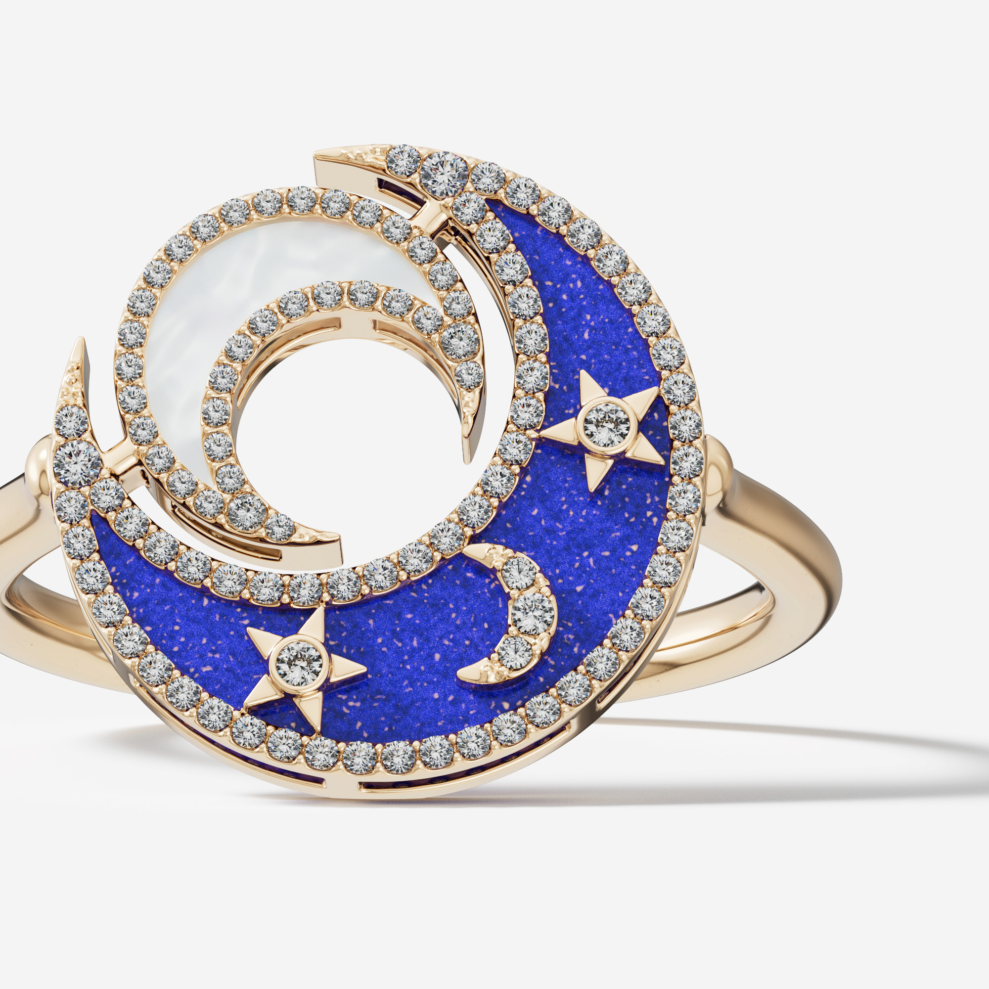 Qamar Layali 18k Yellow Gold Diamond Lapis Lazuli And Mother Of Pearl Ring