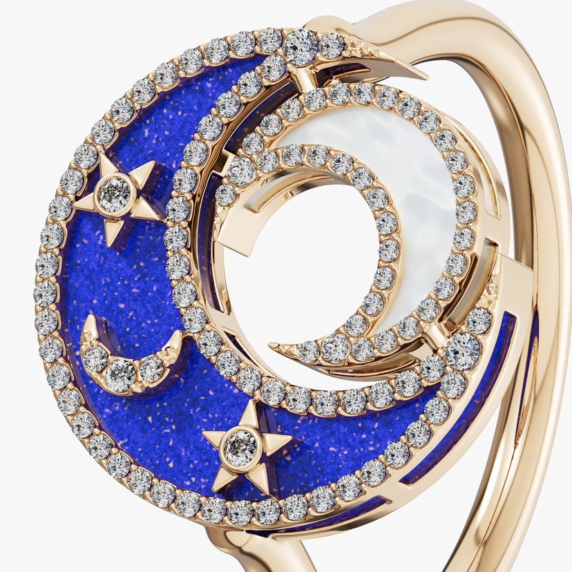 Qamar Layali 18k Yellow Gold Diamond Lapis Lazuli And Mother Of Pearl Ring