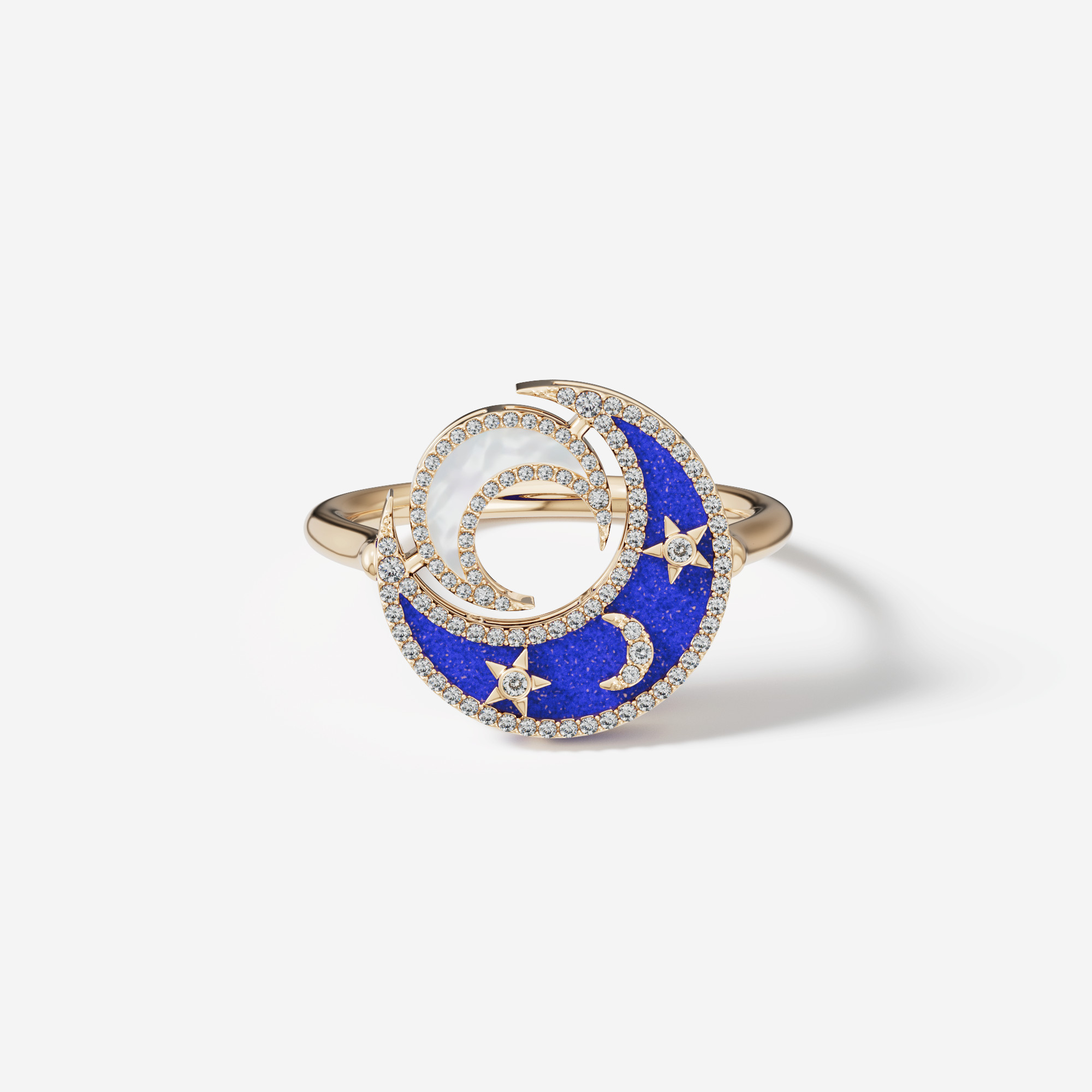 Qamar Layali 18k Yellow Gold Diamond Lapis Lazuli And Mother Of Pearl Ring