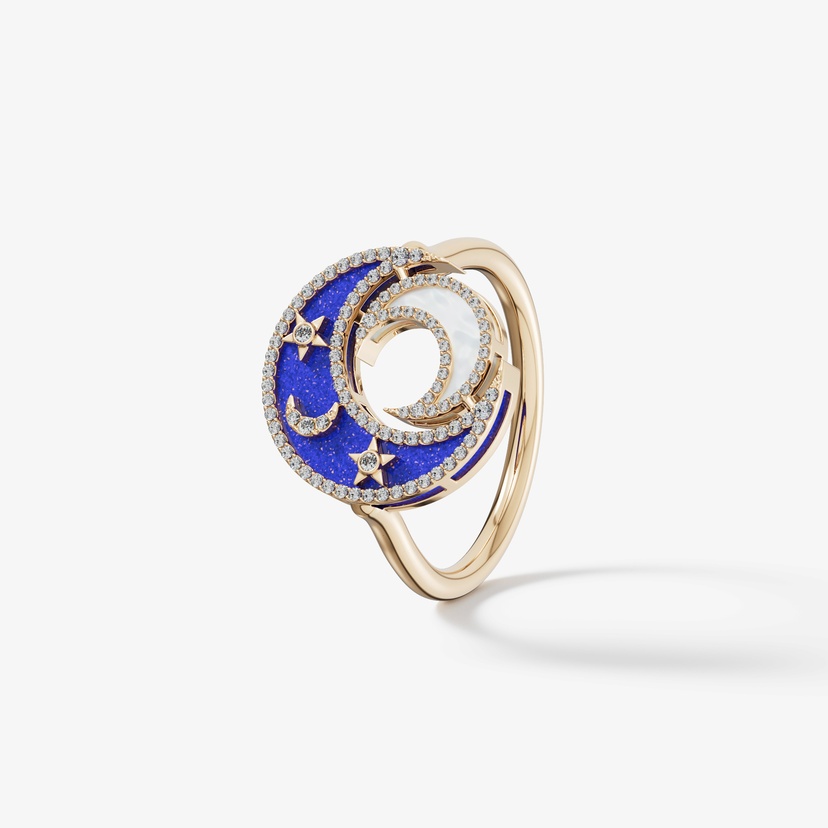 Qamar Layali 18k Yellow Gold Diamond Lapis Lazuli And Mother Of Pearl Ring