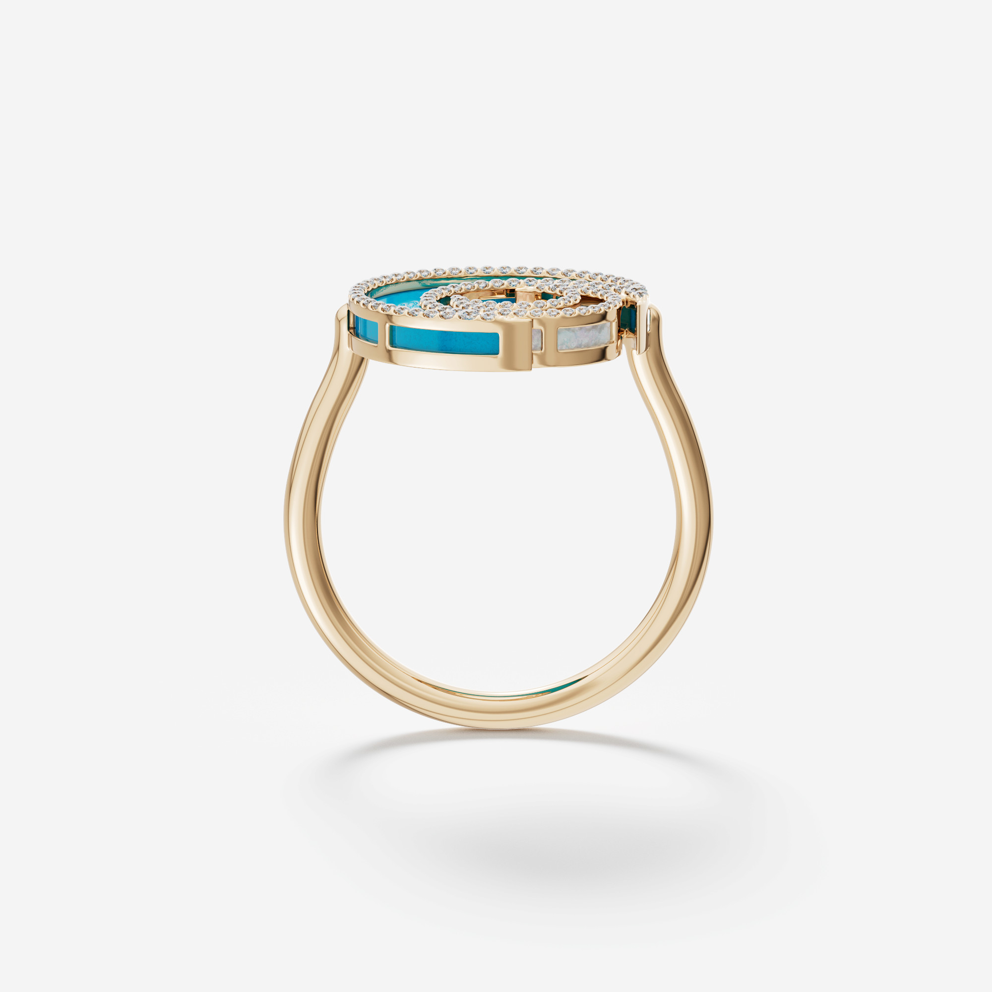 Qamar Layali 18K Yellow Gold Diamond, Turquoise And Mother Of Pearl Ring