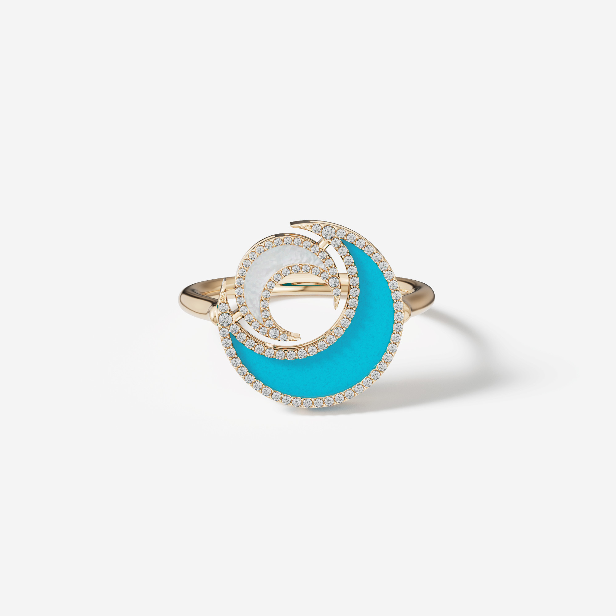 Qamar Layali 18K Yellow Gold Diamond, Turquoise And Mother Of Pearl Ring