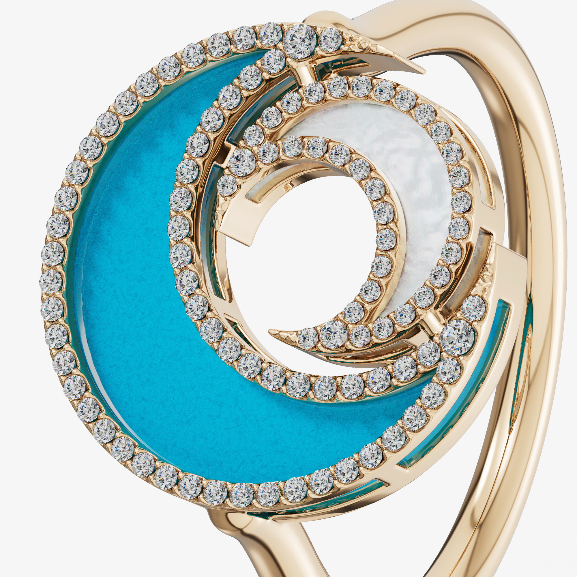 Qamar Layali 18K Yellow Gold Diamond, Turquoise And Mother Of Pearl Ring