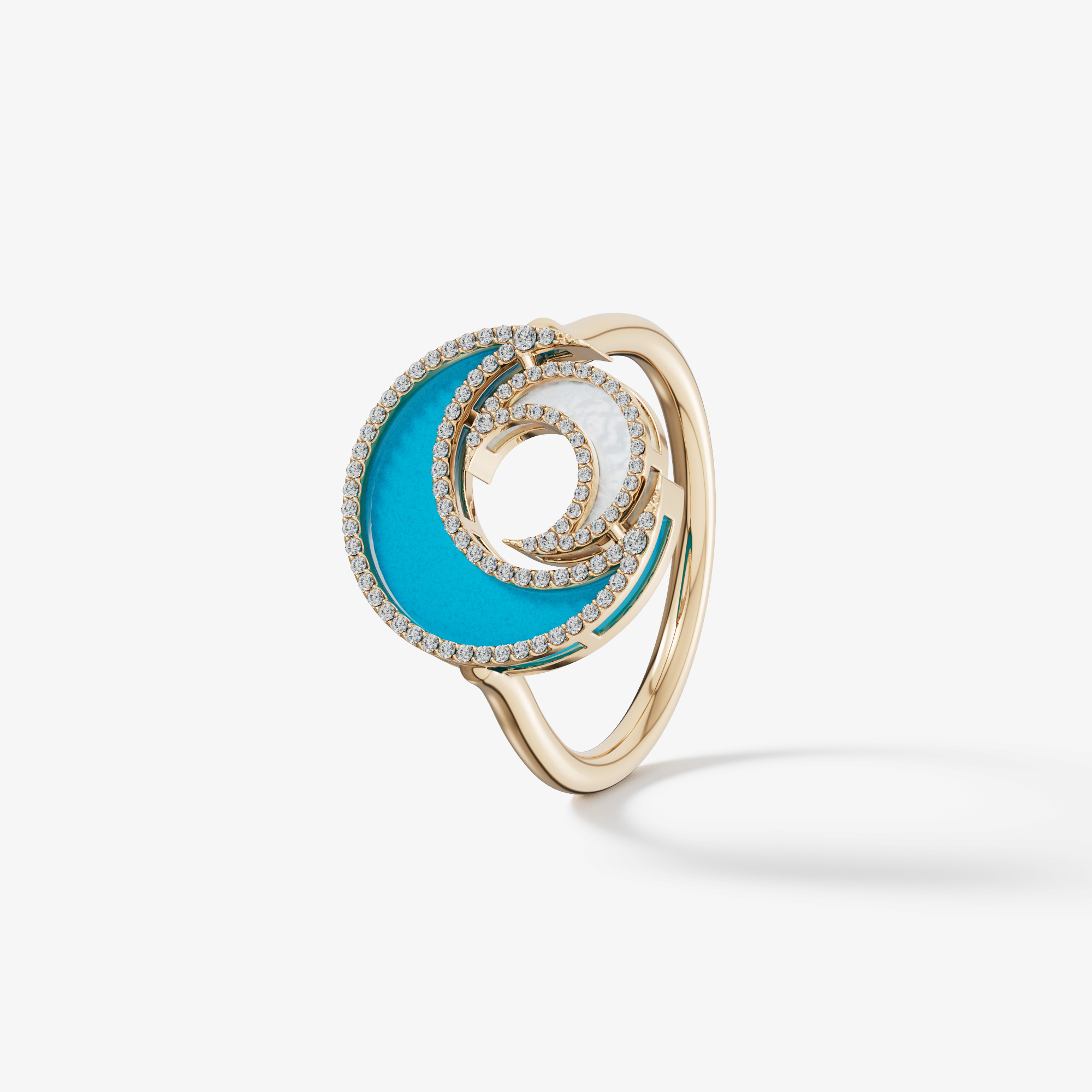 Qamar Layali 18K Yellow Gold Diamond, Turquoise And Mother Of Pearl Ring