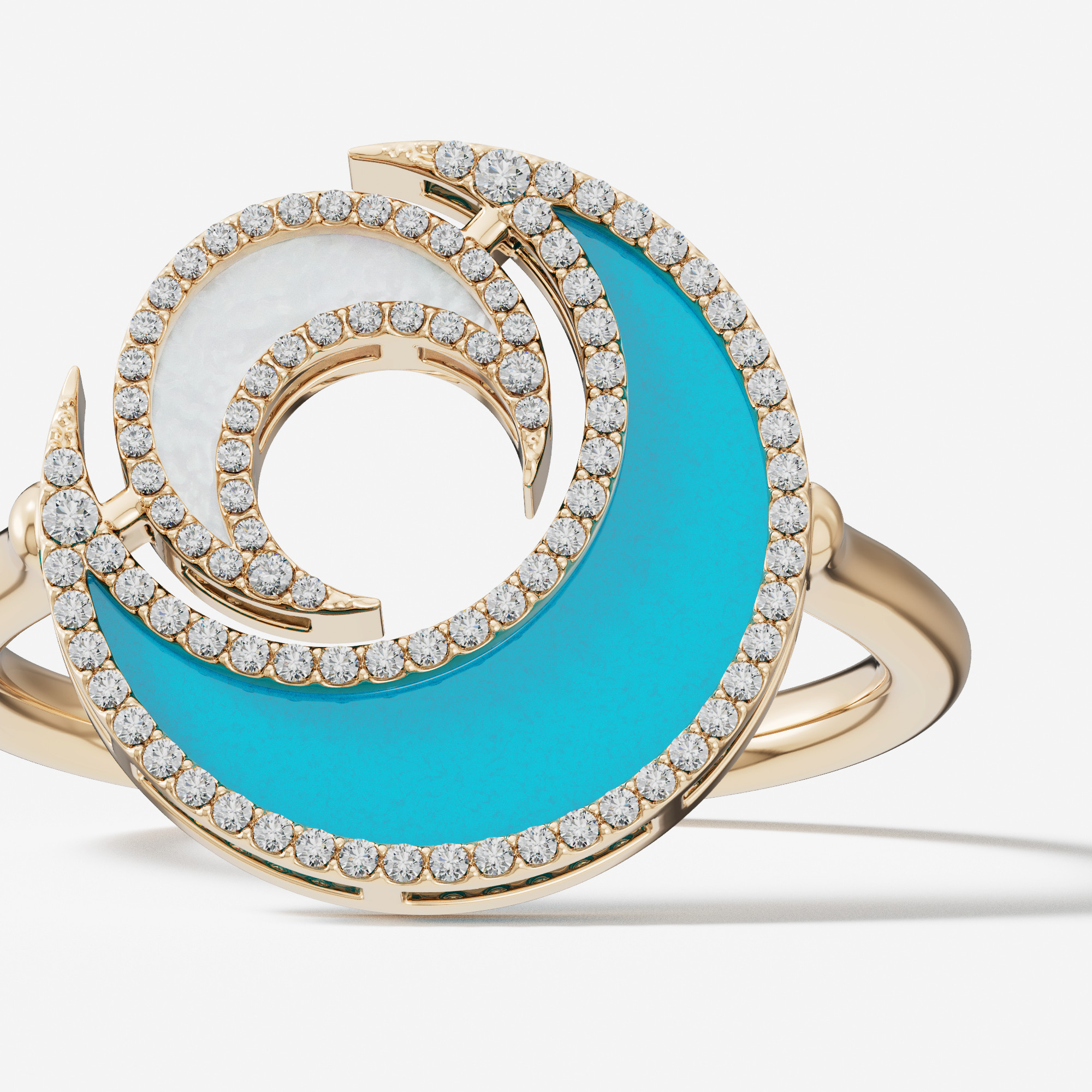 Qamar Layali 18K Yellow Gold Diamond, Turquoise And Mother Of Pearl Ring