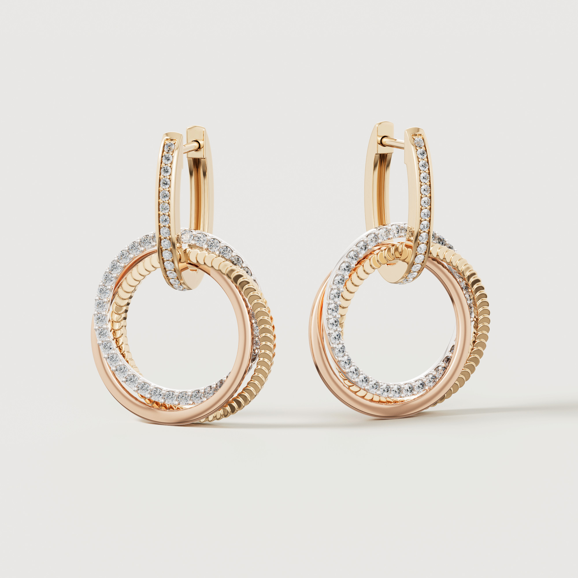 Trio Diamond Earrings In 18k Yellow Rose & White Gold