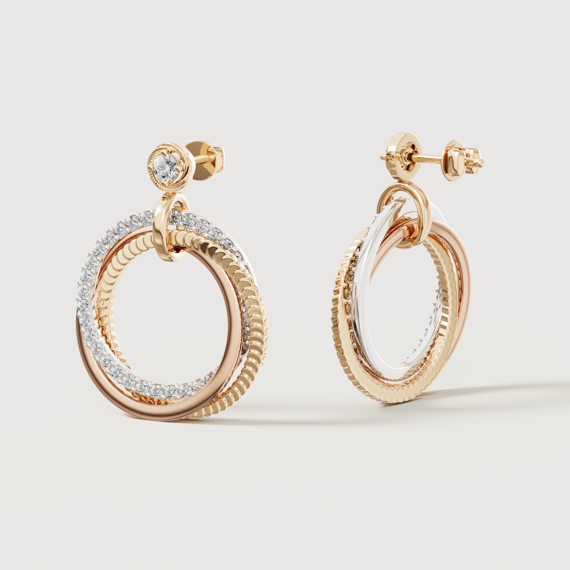 Trio Diamond Earrings In 18k Yellow Rose & White Gold