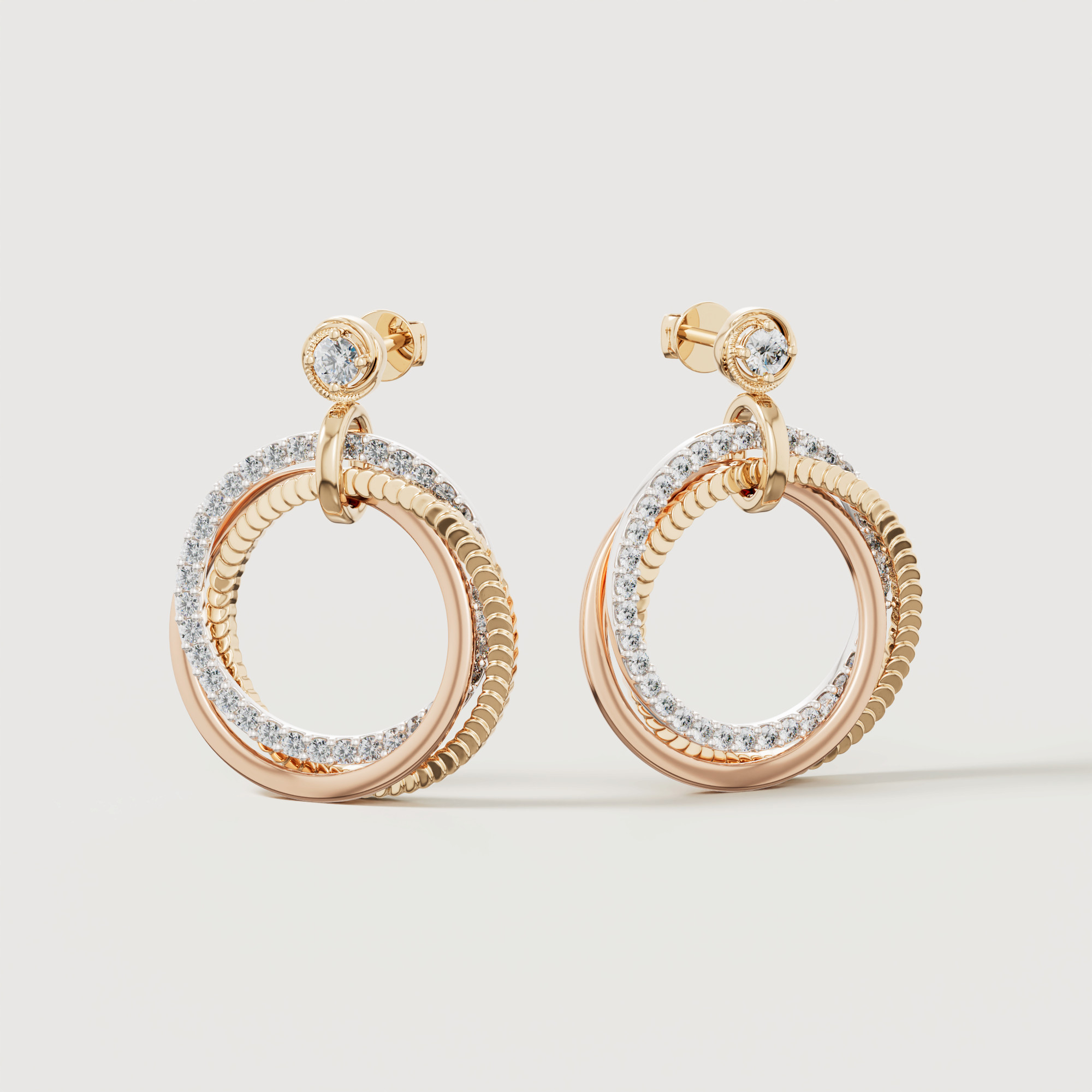 Trio Diamond Earrings In 18k Yellow Rose & White Gold