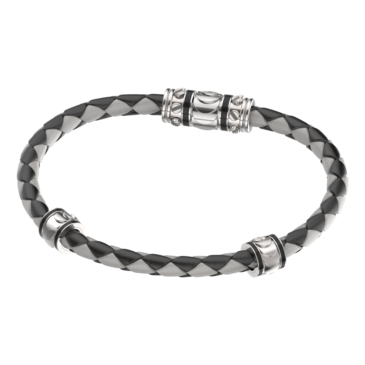 Bracelet In Silver And Black And Grey Leather