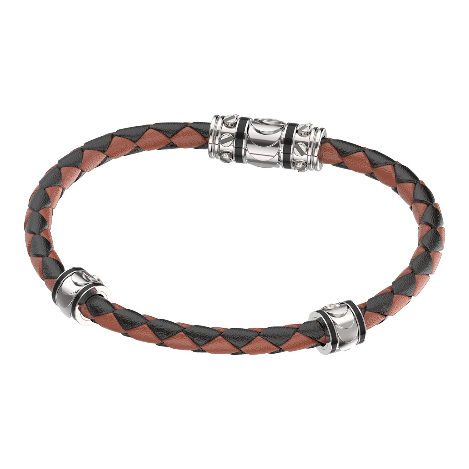 Bracelet In Silver And Black And Brown Leather