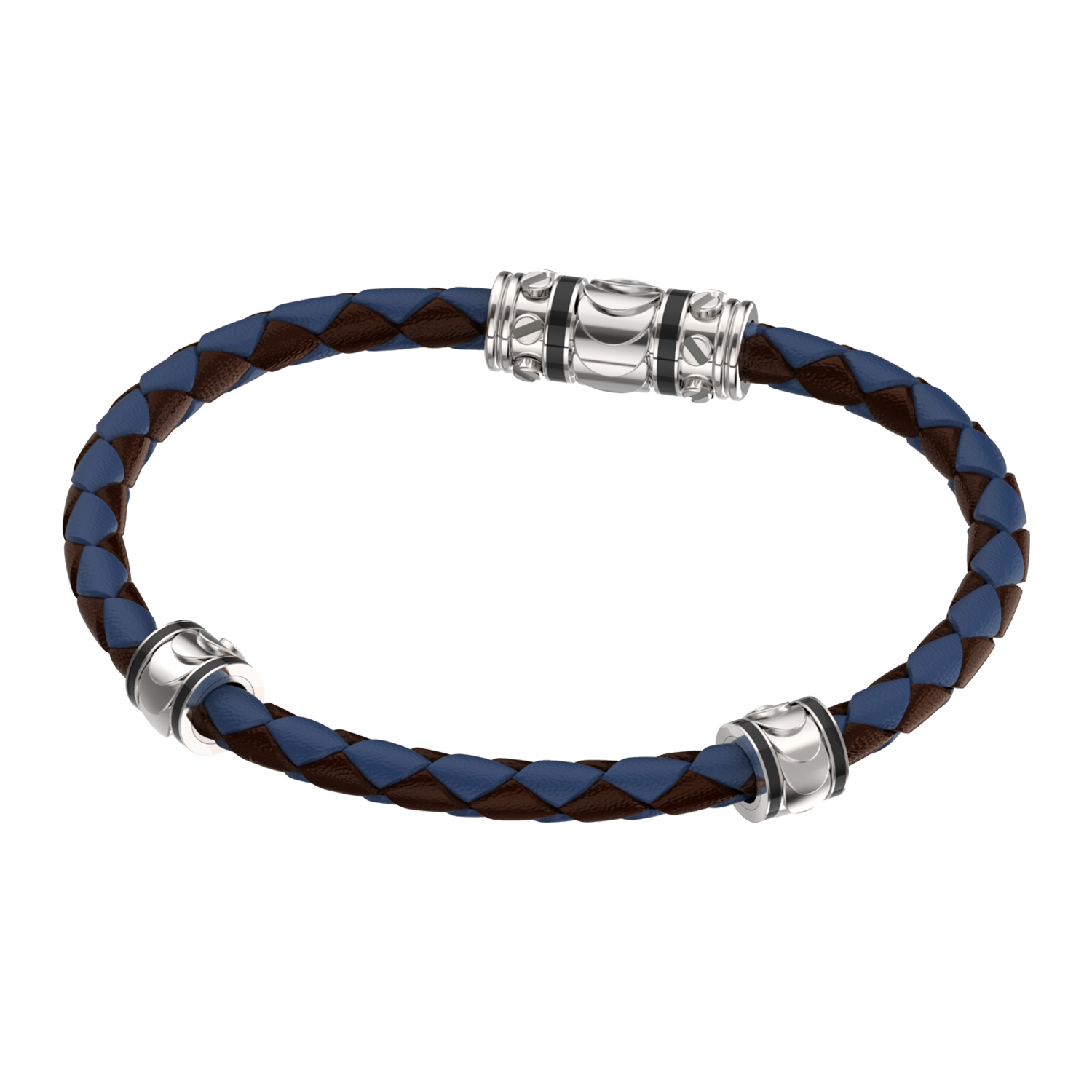 Bracelet In Silver And Blue And Brown Leather