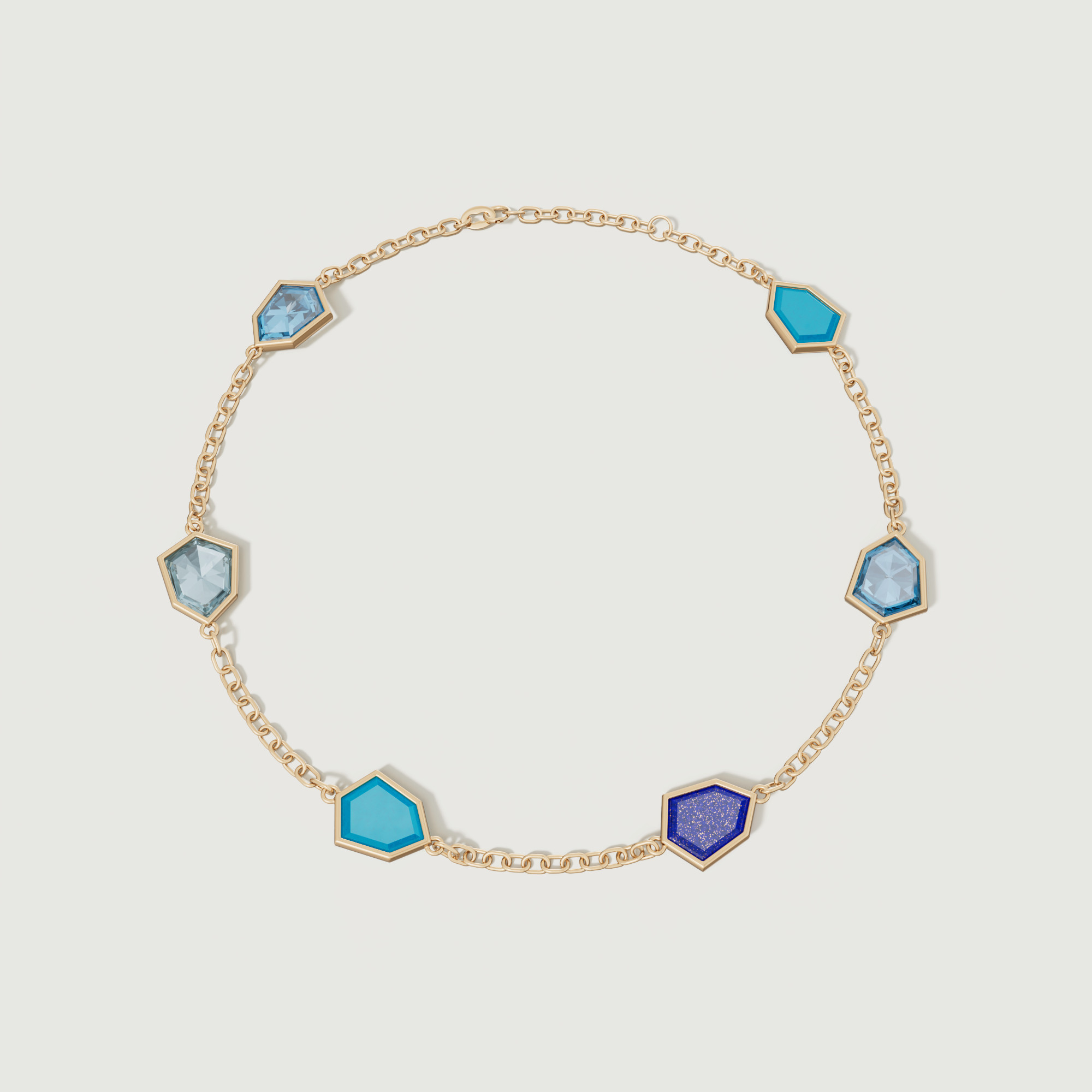 Spring 18k Yellow Gold Bracelet With Swiss Blue Topaz London Blue Topaz Lapis Lazuli And Turquoise