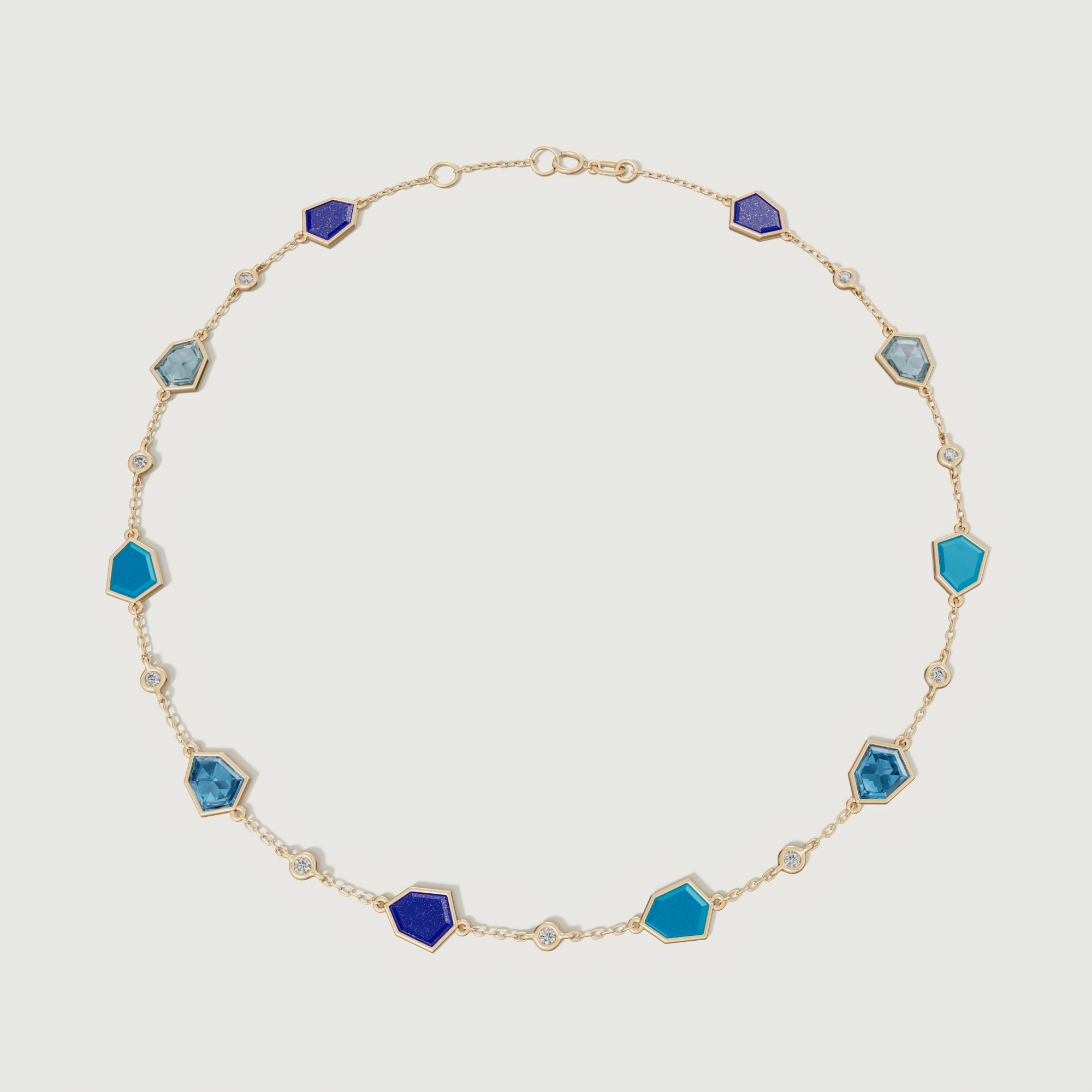 Spring 18k Yellow Gold Bracelet With Turquoise Lapis Lazuli Swiss Blue Topaz London Blue Topaz And Diamond