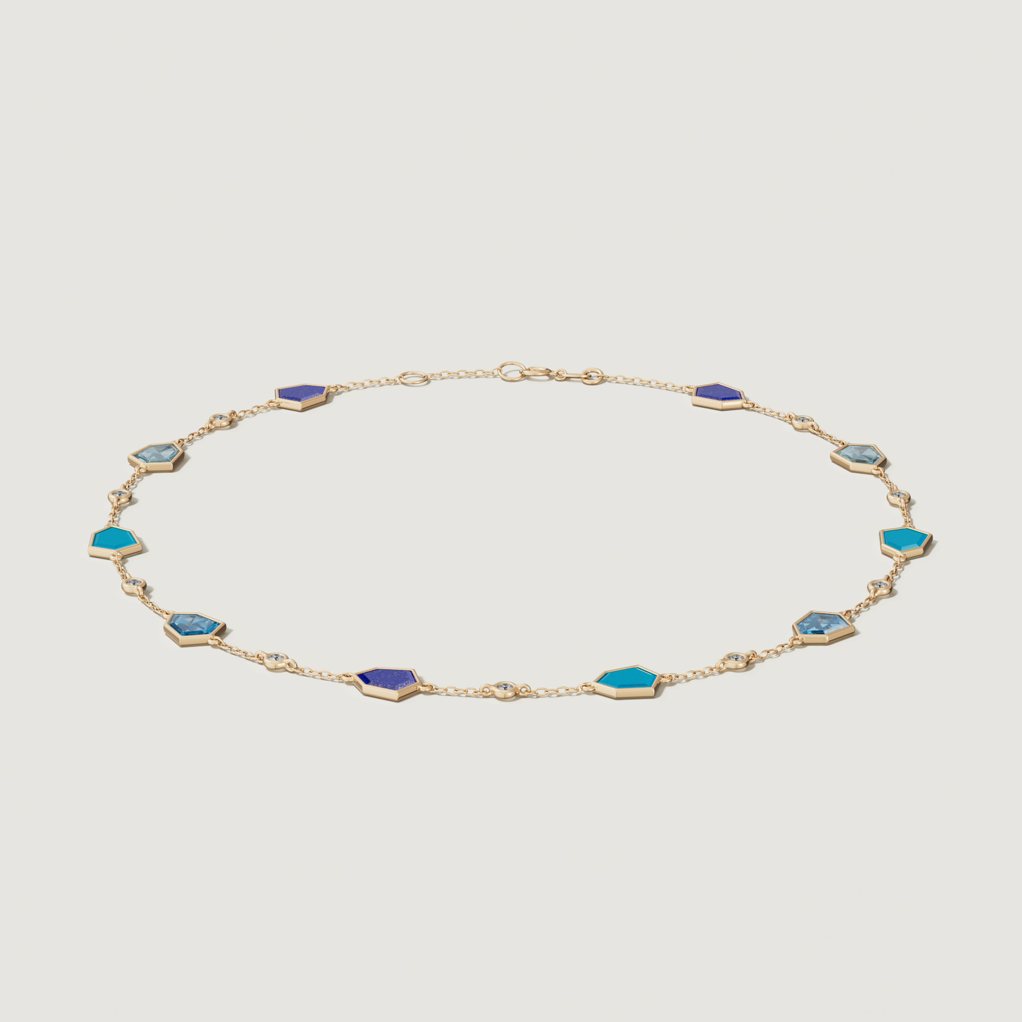 Spring 18K Yellow Gold Bracelet With Turquoise Lapis Lazuli Swiss Blue Topaz London Blue Topaz And Diamond
