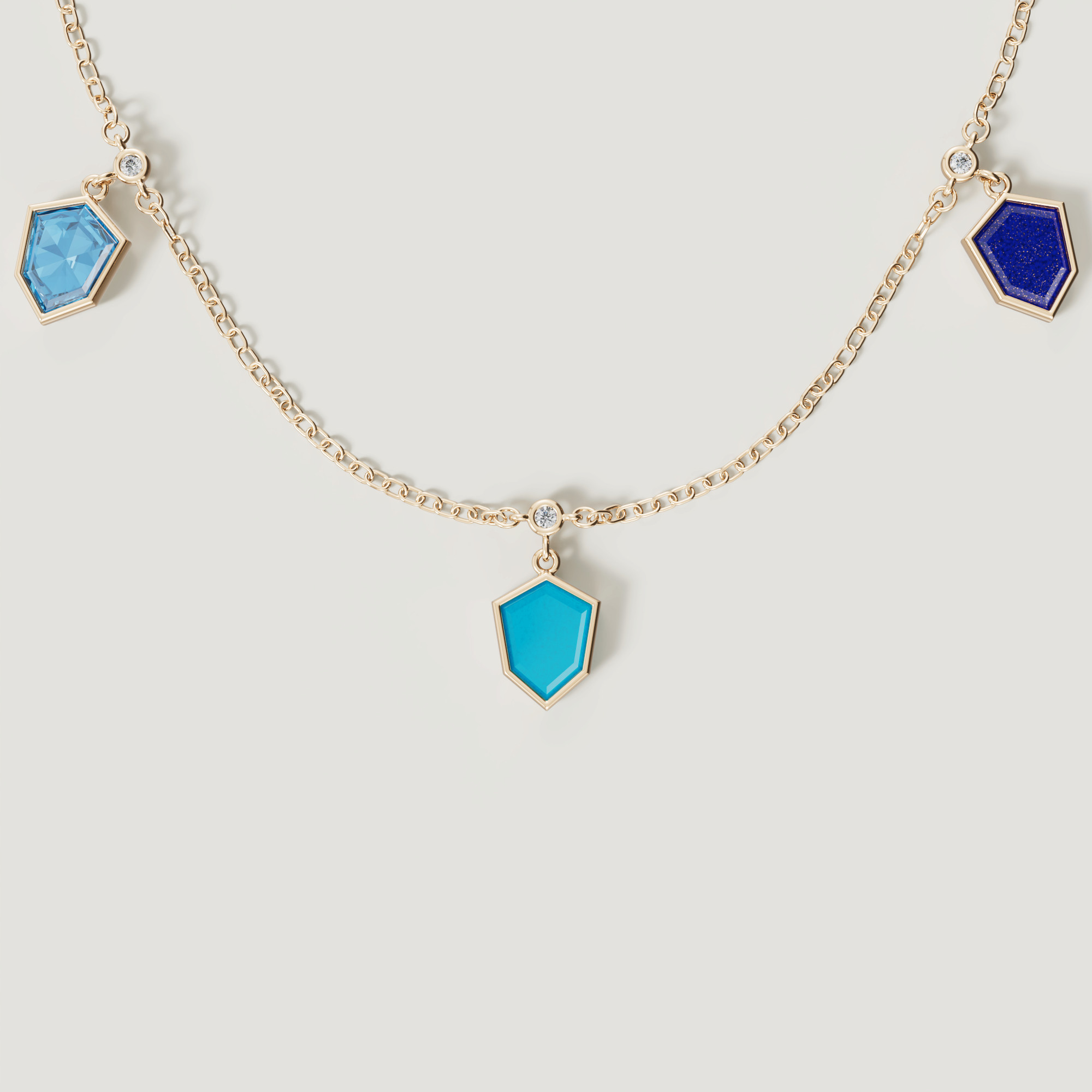 Spring 18k Yellow Gold Necklace With London Blue Topaz Lapis Lazuli Turquoise And Diamond